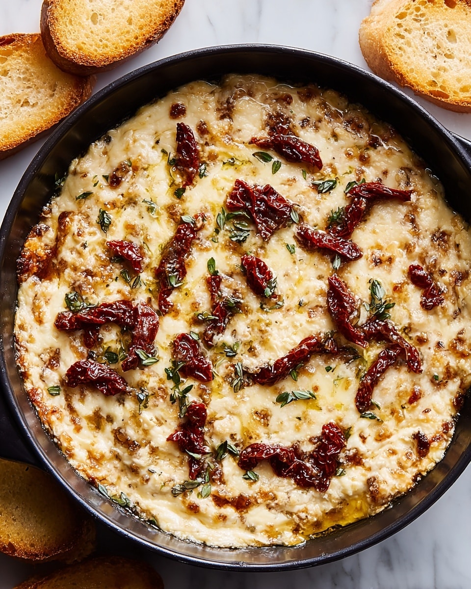 A black round pan filled with a thick layer of melted cheese that is golden and bubbly with some browned spots on top. Scattered throughout the cheese are thin strips of dark red sun-dried tomatoes and small green herb leaves, likely thyme, adding texture and color contrast. The cheese layer appears creamy with a slightly oily sheen, showing a rich texture. Around the pan are several toasted bread slices with a golden-brown crust, placed on a white marbled surface. photo taken with an iphone --ar 4:5 --v 7