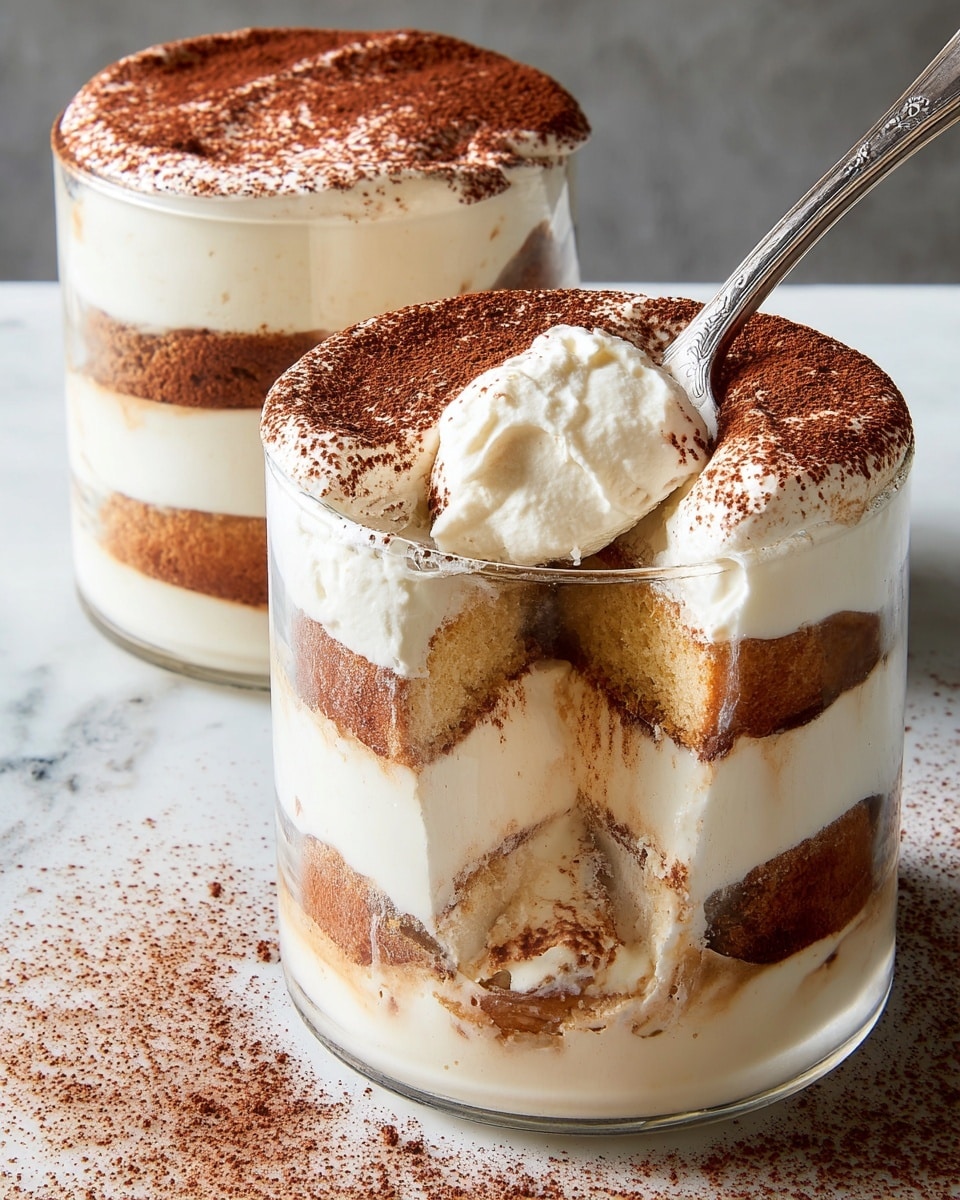 Two clear round glass cups filled with a layered dessert each with five layers, alternating between soft light brown soaked cake and white creamy filling. The top layer is white cream, dusted with a fine layer of brown cocoa powder. The cup in front has a spoon scooping into the dessert, showing thick fluffy cream and soft cake inside, with some smudges on the glass. The cups sit on a white marbled surface with cocoa powder scattered around. photo taken with an iphone --ar 4:5 --v 7