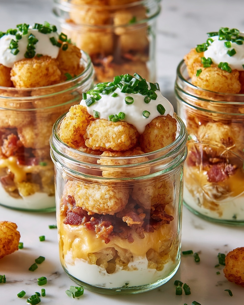 This dish is shown in clear glass jars with several layers visible. The bottom layer is a golden crispy fried tater tot, followed by crumbled crispy bacon pieces mixed with melted cheddar cheese sauce. Above this is another layer of tater tots, topped with a dollop of smooth white sour cream and sprinkled with fresh green chopped chives. The texture shows a contrast of crunchy tater tots, creamy cheese, and soft sour cream, all stacked neatly inside the jar. The jars are placed on a white marbled surface with some tater tots and chives scattered around. photo taken with an iphone --ar 4:5 --v 7