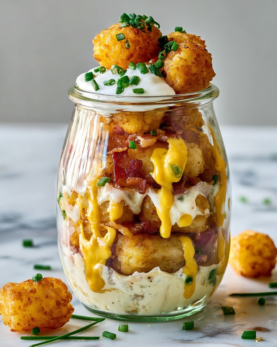 This image shows a glass jar filled with multiple layers of golden brown crispy tater tots mixed with bits of crispy bacon. Between the layers, there are drizzles of creamy white sauce and bright yellow cheese sauce, some running down the sides of the jar. The top layer features two whole tater tots, one topped with a dollop of white sour cream and sprinkled with small green chives. Around the jar on a white marbled surface are a few scattered green chives and one loose tater tot. Photo taken with an iphone --ar 4:5 --v 7