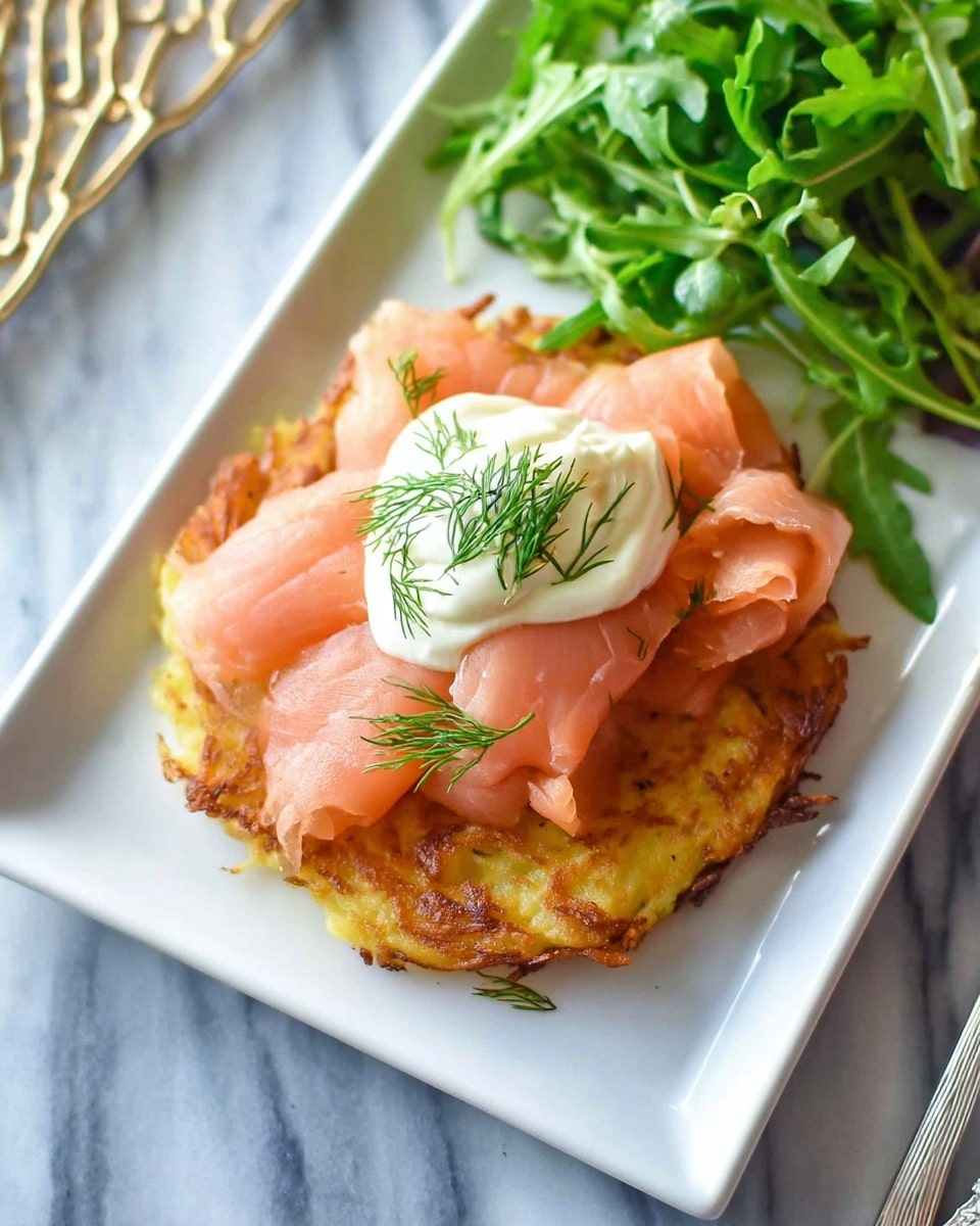 The dish shows a round, golden-brown potato pancake as the base layer with a crispy texture. On top, there are several slices of soft, light pink smoked salmon folded gently. Over the salmon, a dollop of smooth white cream is placed in the center, garnished with small sprigs of fresh green dill. The plate is white and rectangular, positioned on a white marbled surface with some green leafy arugula salad arranged on one side. photo taken with an iphone --ar 4:5 --v 7