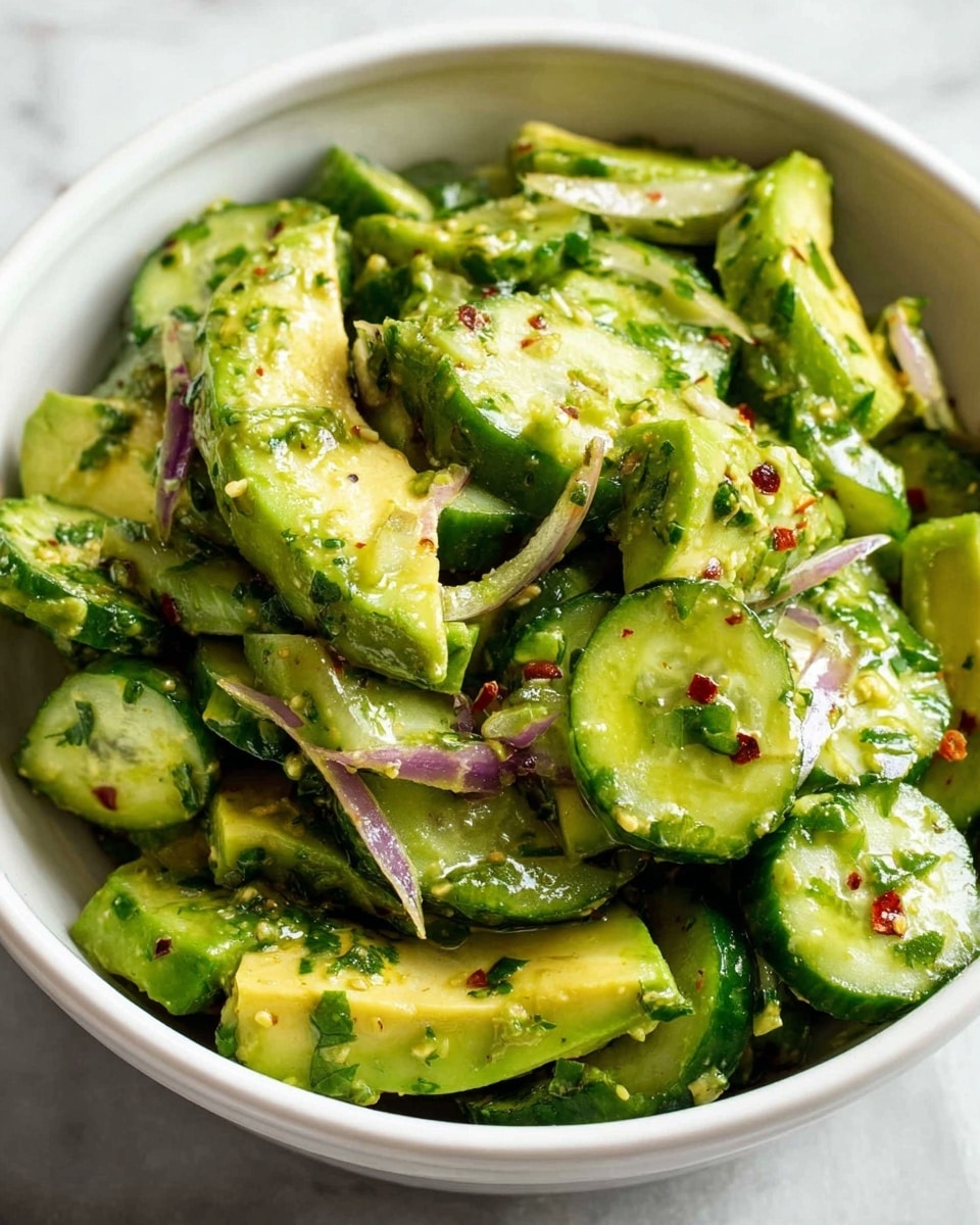 A white bowl is filled with a fresh cucumber salad showing thick slices of bright green cucumbers layered with chunks of avocado. Thin strips of light purple onion are mixed in, all coated with a green herb dressing that looks smooth and slightly oily. Small bits of red chili flakes sprinkle the top, adding a pop of color. The textures show juicy cucumber slices, creamy avocado pieces, and delicate onion strands all mixed evenly. The bowl sits on a white marbled surface. photo taken with an iphone --ar 4:5 --v 7