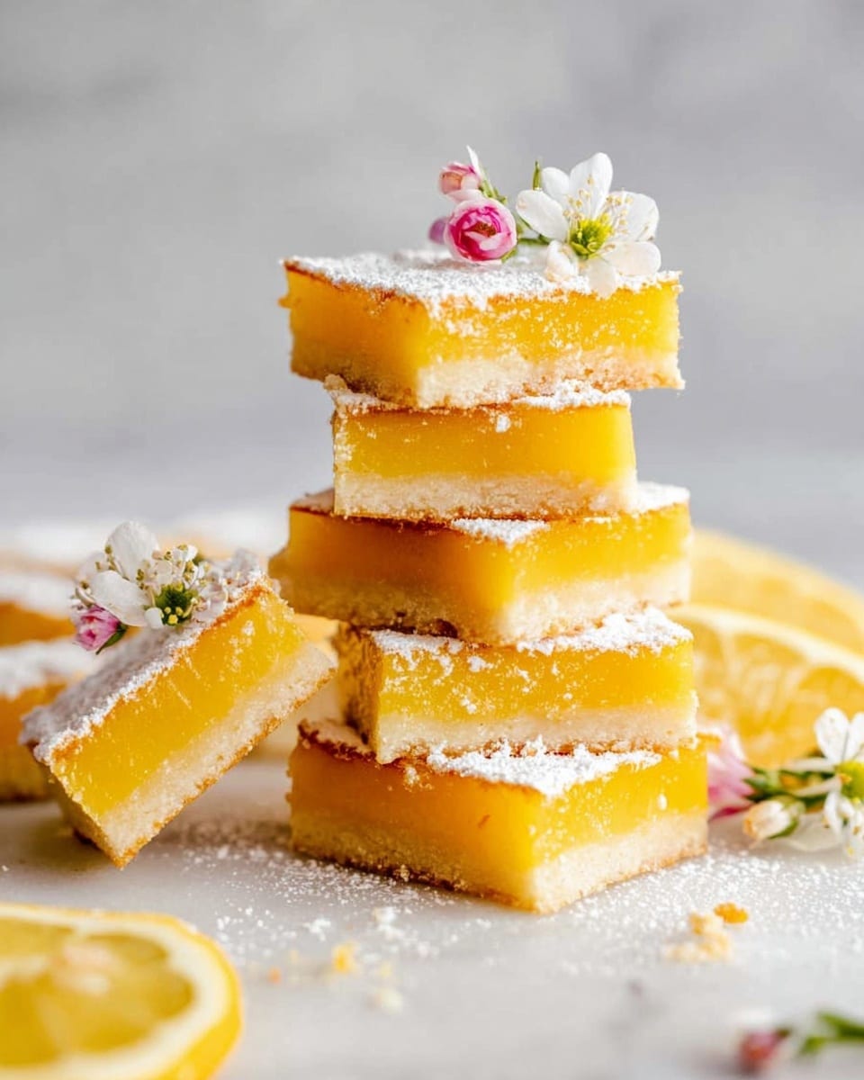 The image shows a stack of six lemon bars arranged on a white marbled surface. Each lemon bar has two layers: a thick, bright yellow, glossy lemon filling on top and a slightly crumbly, light golden crust at the bottom. The top layer is dusted with a fine layer of white powdered sugar. Some bars are leaning against the stack, and lemon slices are placed around the bars. Small white and pink flowers with green stems are placed on top of the stack and around the bars, adding a delicate touch. The photo has soft lighting and a clean, white marbled background. photo taken with an iphone --ar 4:5 --v 7