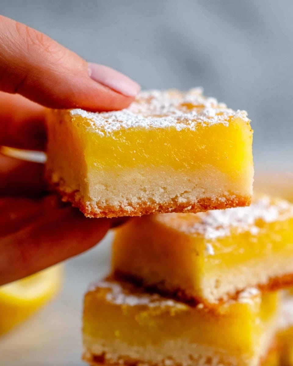 A close-up image of a woman's hand holding a square lemon bar that has two distinct layers. The bottom layer is a thick, light beige, crumbly crust that looks like shortbread. The top layer is a bright yellow lemon filling with a smooth and slightly glossy texture. The lemon bar is topped with a thin dusting of powdered sugar. Underneath the held lemon bar, there are more stacked lemon bars visible, showing the same two-layer structure with powdered sugar on top, all set against a soft white marbled background. photo taken with an iphone --ar 4:5 --v 7