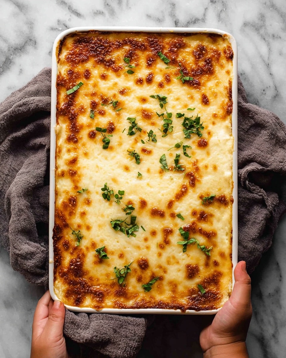 A slice of baked pasta casserole is lifted by a spatula, showing three clear layers: the bottom layer has small tube-shaped pasta with a light golden color, the middle layer is rich, dark brown ground meat sauce, and the top layer is melted, bubbly cheese with a golden-brown crust and a few green herb leaves on top. The main dish is served in a white dish set on a white marbled surface. Photo taken with an iphone --ar 4:5 --v 7