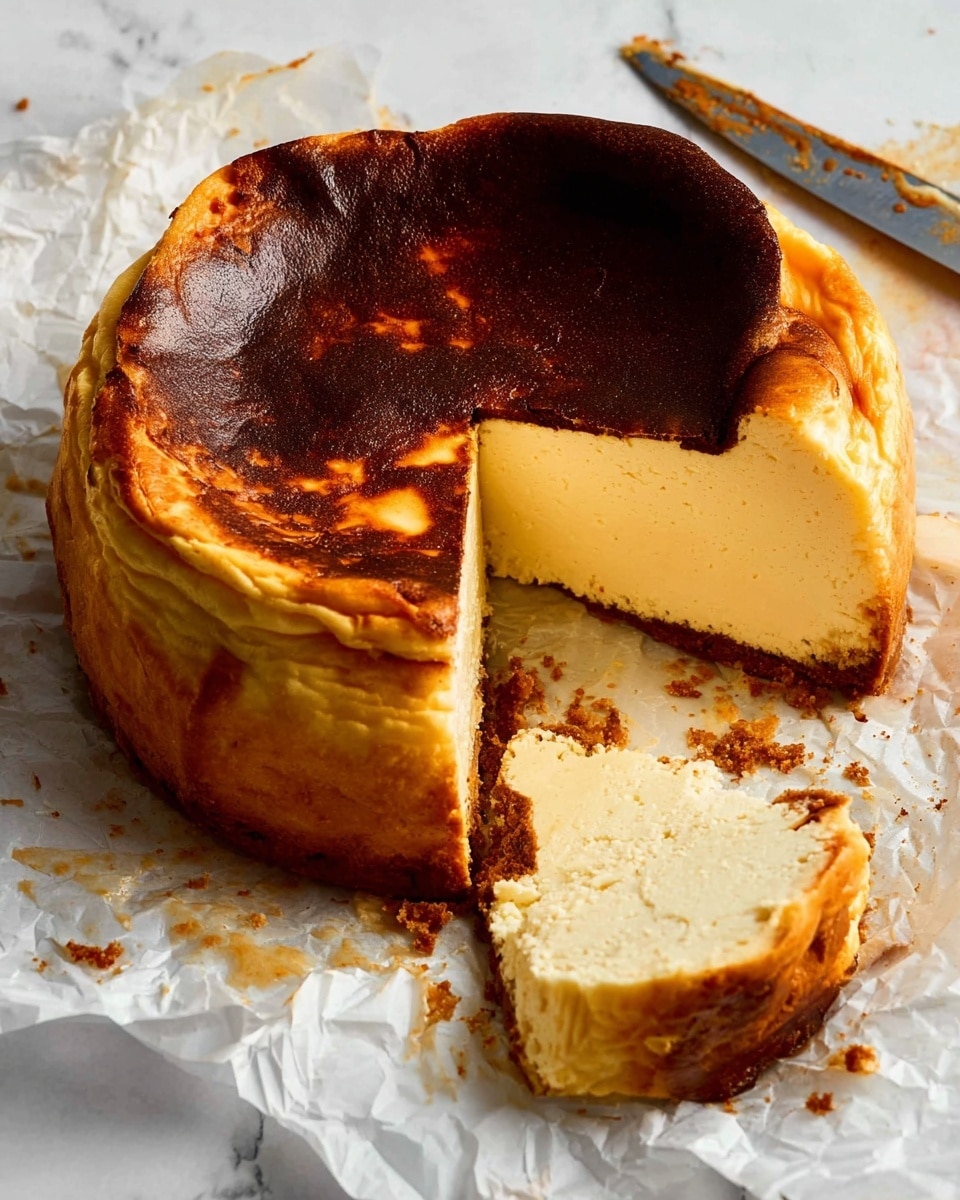 The image shows two slices of burnt Basque cheesecake resting on white parchment paper on a white marbled surface. Each slice has two main layers: a creamy, light yellow interior with a smooth and soft texture, and a dark brown, almost burnt top layer that is thin but slightly cracked. The edges of the cheesecake are browned, showing a baked texture. In the background, there are blurred peach-colored flower petals adding a soft, warm tone to the scene. Photo taken with an iphone --ar 4:5 --v 7