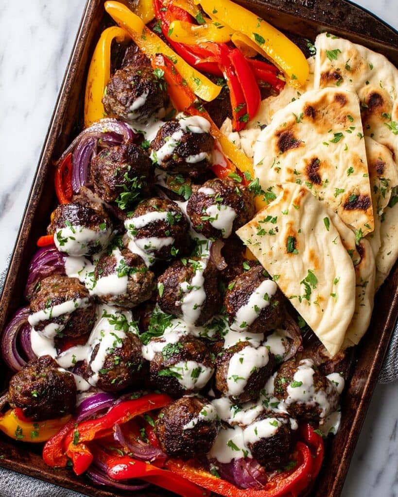 Tray Bake Lamb Kofta Meatballs with Roasted Vegetables and Sauces Recipe