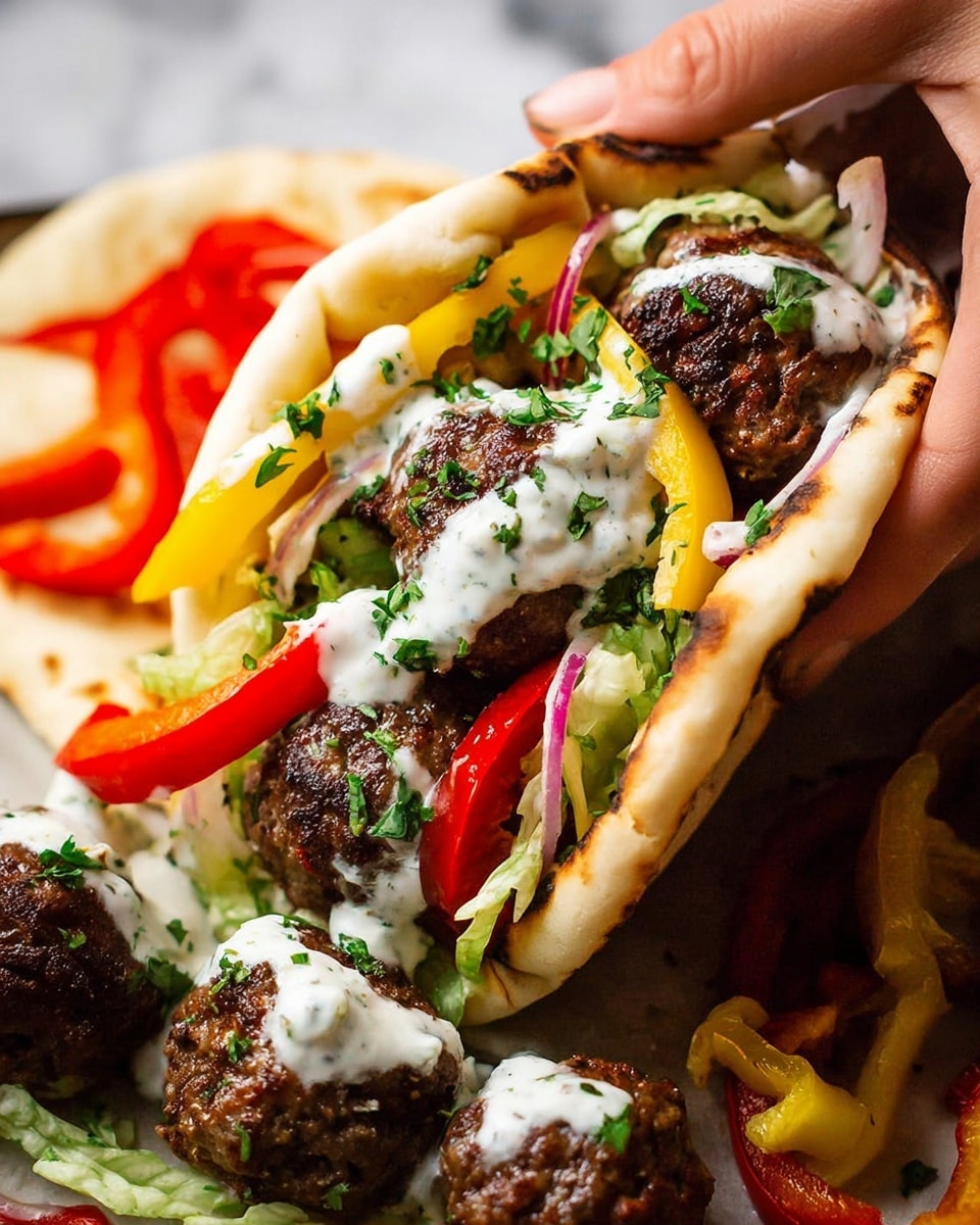 A close-up shows a woman's hand holding a pita wrap filled with layers of dark brown meatballs topped with white sauce sprinkled with green herbs, sliced red and yellow bell peppers, thinly sliced light green lettuce, and slices of red tomato. The pita is light golden brown and slightly toasted. More meatballs with white sauce and herbs sit on the side, along with extra sliced peppers and lettuce on a white marbled surface. Photo taken with an iphone --ar 4:5 --v 7