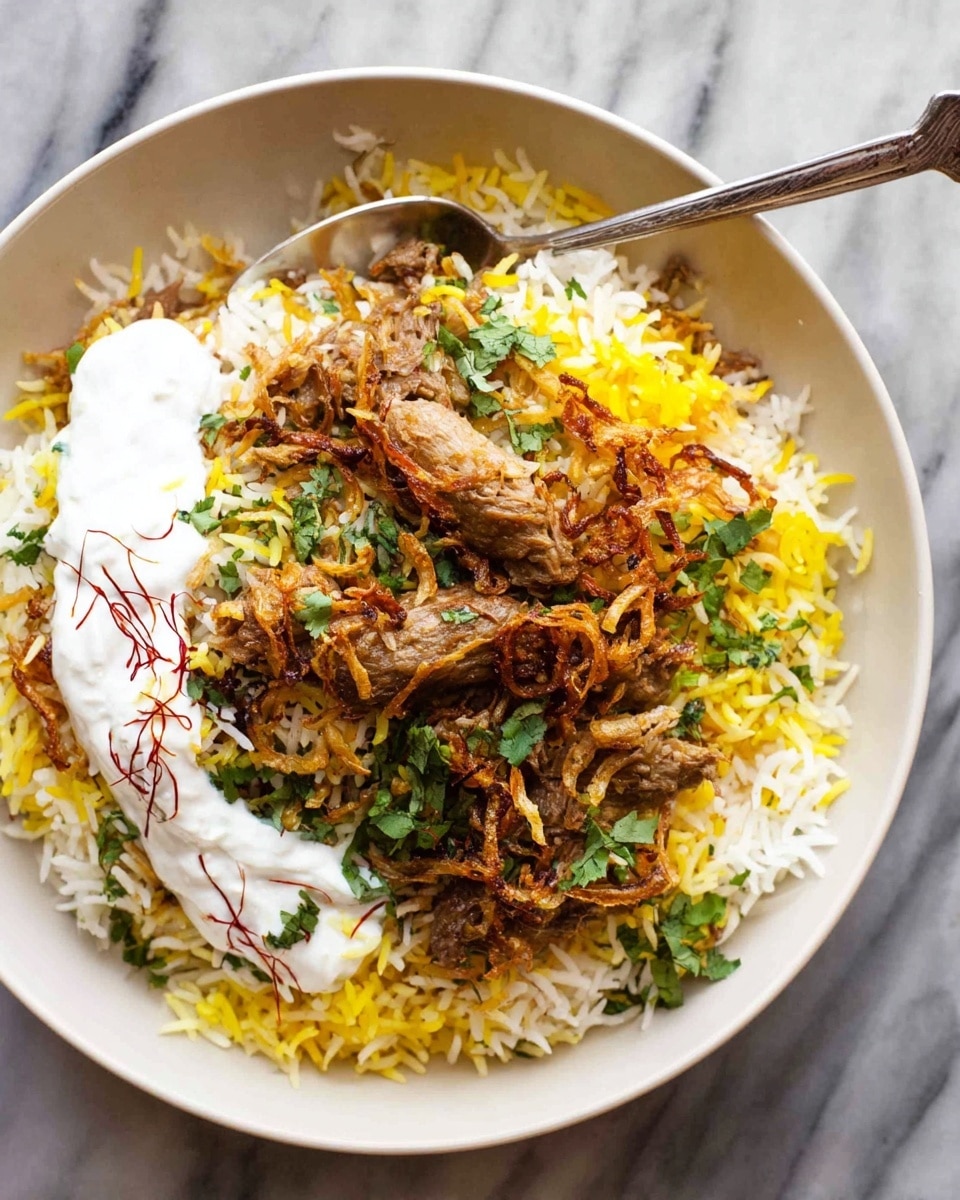 A large white oval plate holds a colorful layered rice dish. The bottom layer is fluffy white and yellow rice mixed together, creating a bright base. On top are pieces of cooked chicken coated in a golden brown spice mix, scattered with green chopped herbs and garnished with fried thin onion slices and whole bay leaves. A dollop of white yogurt sauce with green herbs sits on one side of the dish. Next to the plate is a white bowl filled with the same yogurt sauce, beside a gold spoon with a black and gold handle resting on the plate with some rice on it. The scene is set on a white marbled surface. photo taken with an iphone --ar 4:5 --v 7