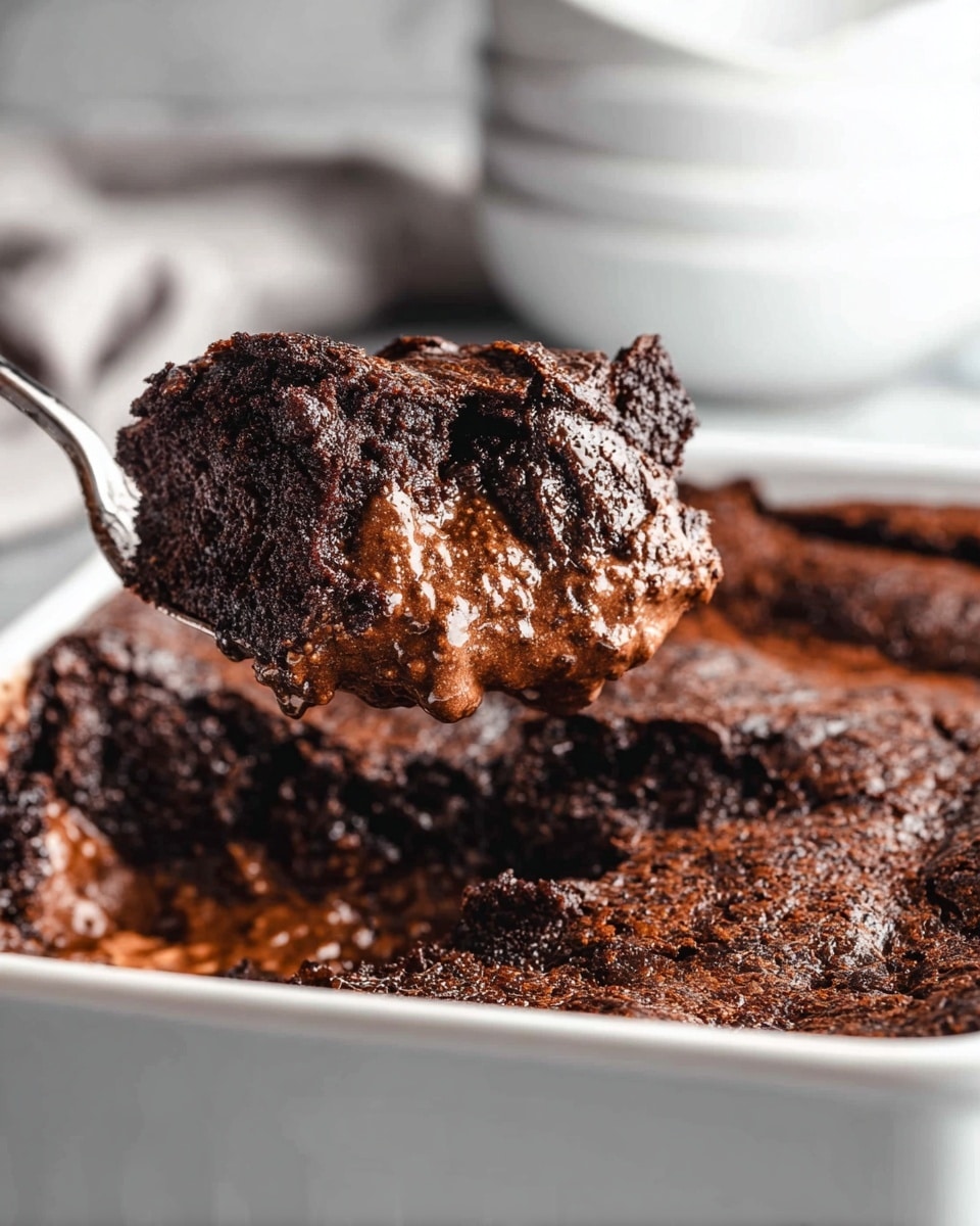 A close-up of a white rectangular dish filled with a rich, dark brown gooey chocolate dessert with a thick, cracked crust on top. A spoon lifts a large scoop of the dessert, showing three layers: a dense, fudgy dark brown crust on top with a shiny, melted chocolate middle layer and a soft, moist inner layer in a lighter brown shade at the bottom. The dessert has a sticky, shiny texture with some melted chocolate spots visible, all set on a white marbled surface with stacked white bowls in the background. Photo taken with an iphone --ar 4:5 --v 7