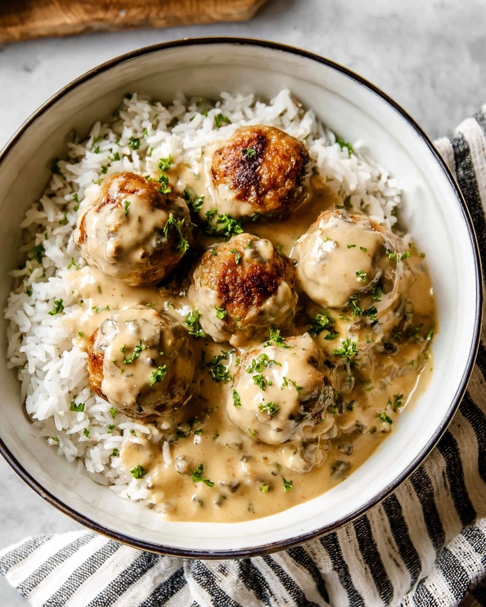 A bowl of white rice forms the base layer, with five brown, crispy meatballs sitting on top, each covered in a thick creamy beige sauce that looks glossy and smooth. Small green herbs are sprinkled over the meatballs and sauce, adding fresh color. The bowl is white with a thin dark rim, placed on a white marbled textured surface with a striped cloth nearby. Photo taken with an iphone --ar 4:5 --v 7