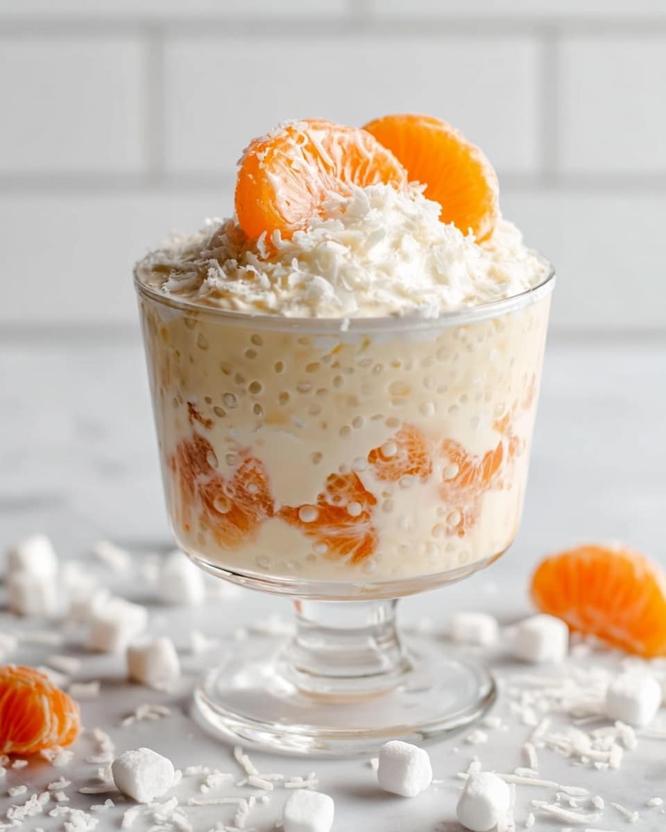 A clear glass dessert cup filled with three visible layers: the bottom layer has small orange tangerine slices mixed in a creamy white base with tiny pearl-like rice or tapioca, the middle layer continues with the creamy mixture and embedded tangerine pieces, and the top layer is a thick, textured white cream topped with a couple of tangerine slices. The cup is set on a white marbled surface scattered with small white marshmallows and white coconut shreds. The background is white tiled. photo taken with an iphone --ar 4:5 --v 7