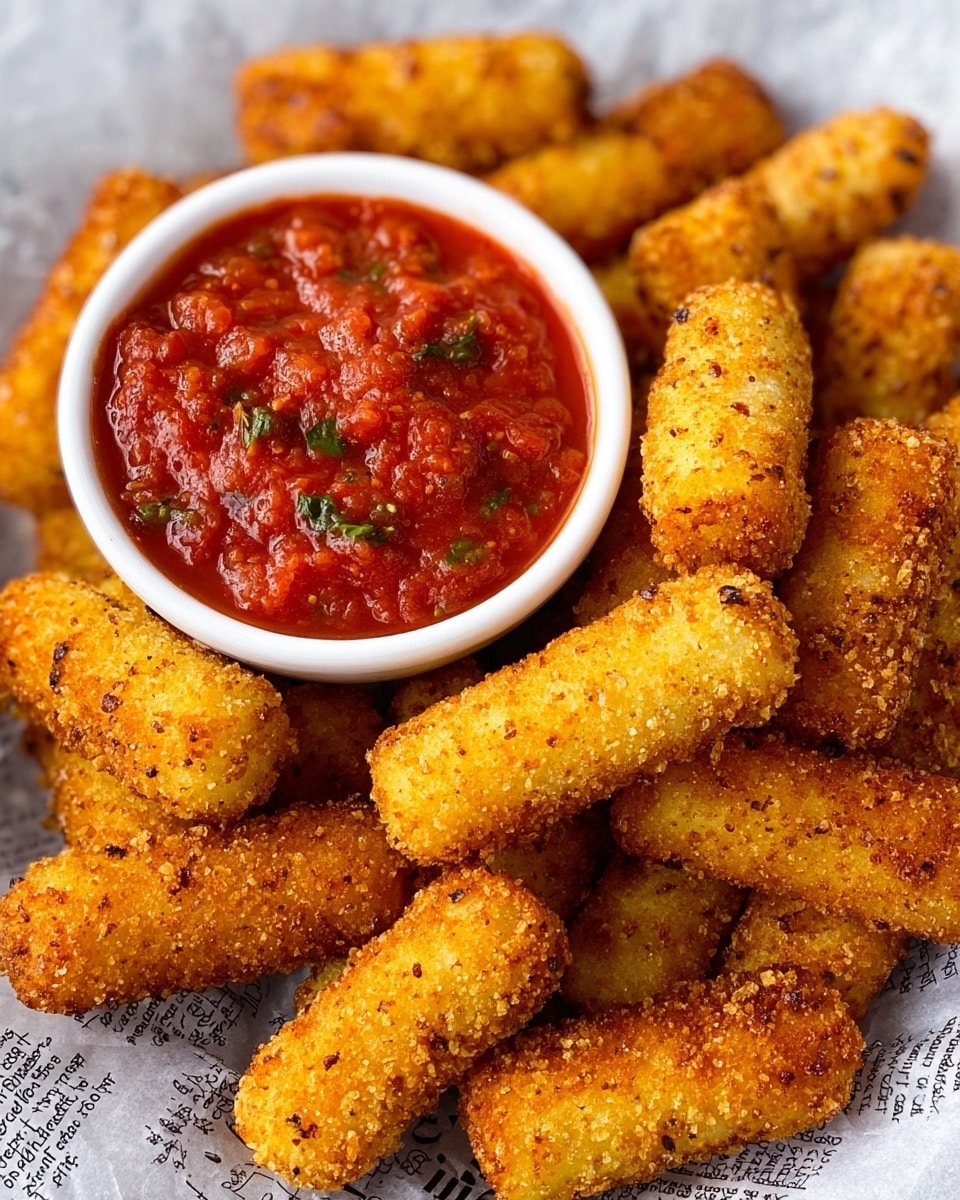 A close-up image of a pile of golden-brown fried mozzarella sticks with a coarse, crunchy coating, arranged around a small white bowl filled with bright red chunky marinara sauce, which has visible bits of herbs and tomato pieces. The mozzarella sticks are placed against a background of black and white printed paper, which is set on a white marbled surface. The colors contrast well, with the warm orange of the fried sticks and the vibrant red sauce standing out clearly. photo taken with an iphone --ar 4:5 --v 7