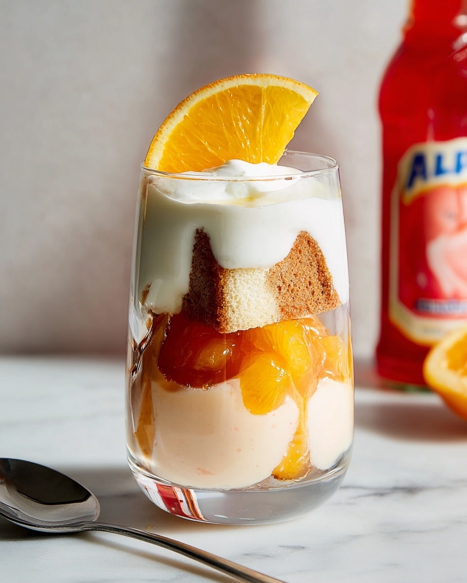 A clear glass shows a layered dessert placed on a white marbled surface. The bottom layer is a smooth pale peach cream, topped with bright orange fruit segments. Above this is a thick white cream layer, followed by a dark amber syrup drizzled across an uneven, light brown cake piece. Another layer of pale peach cream covers part of the cake, finished with a final thick layer of white cream on top. A fresh orange slice is placed on the rim of the glass as decoration. A bottle with a bright red label is blurred in the background to the left, next to a silver spoon lying flat on the surface in front. Photo taken with an iphone --ar 4:5 --v 7