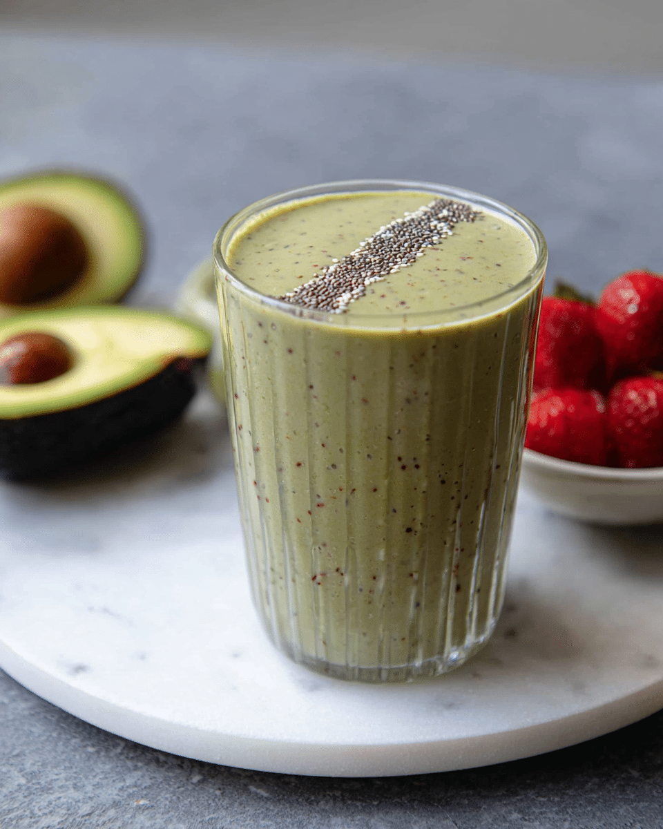 A thick green smoothie fills a clear textured glass, topped with a neat line of small black and white chia seeds running down the center. The smoothie has a smooth, creamy texture with tiny specks throughout, giving it a natural look. The glass is set on a round white plate, placed on a white marbled surface. Nearby, a halved avocado with bright green flesh and dark skin is visible, along with a small white bowl filled with red strawberries in the background, adding a fresh and colorful touch to the scene. Photo taken with an iphone --ar 4:5 --v 7