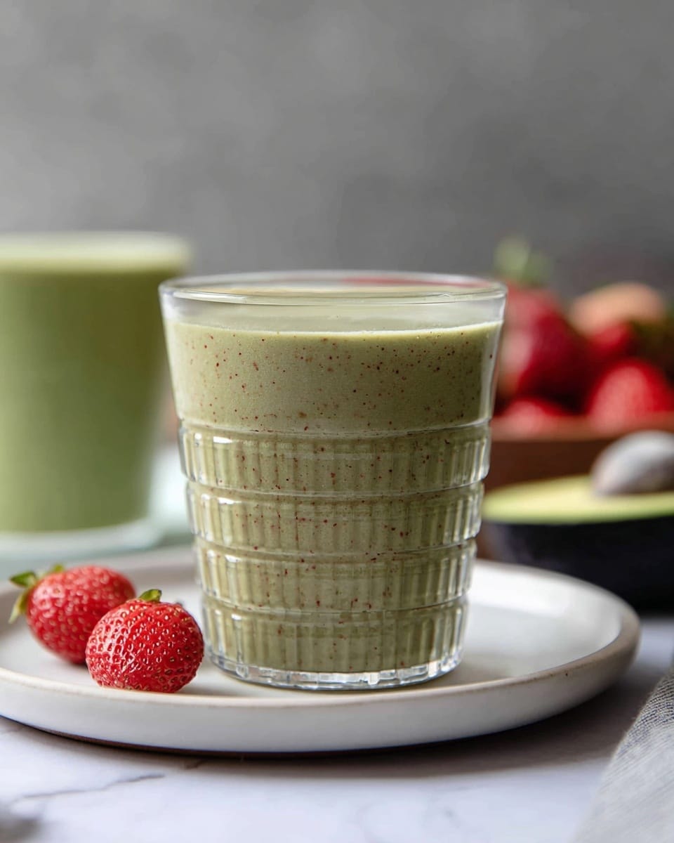 A clear textured glass filled to the top with a thick, green smoothie showing tiny flecks of red and brown. The glass sits on a white plate with a glossy finish, placed on a white marbled surface. In the background, there are blurred strawberries and a halved avocado with a dark green outer skin and light green inner flesh. Another glass with the same green smoothie is partially visible to the left. The overall look is fresh and natural. photo taken with an iphone --ar 4:5 --v 7