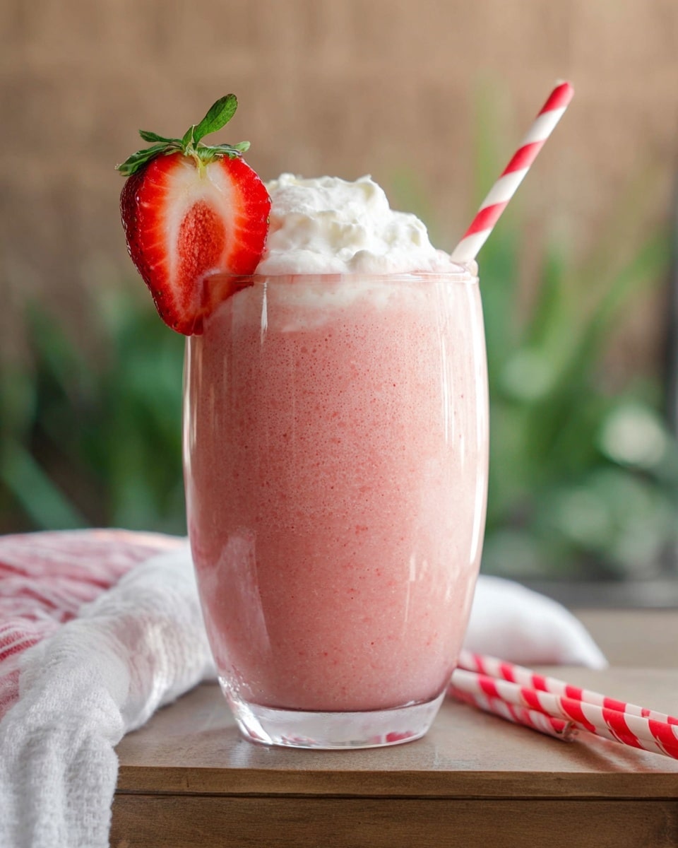 A tall clear glass filled with a thick pink strawberry smoothie as the main layer, topped with a fluffy white whipped cream layer and garnished with a fresh sliced strawberry that shows a vibrant red and white interior with green leaves on top; beside the glass is a white cloth with red and white striped straws resting on it, all set on a wooden box surface with a blurred natural green and brown background replaced by a white marbled texture. photo taken with an iphone --ar 4:5 --v 7