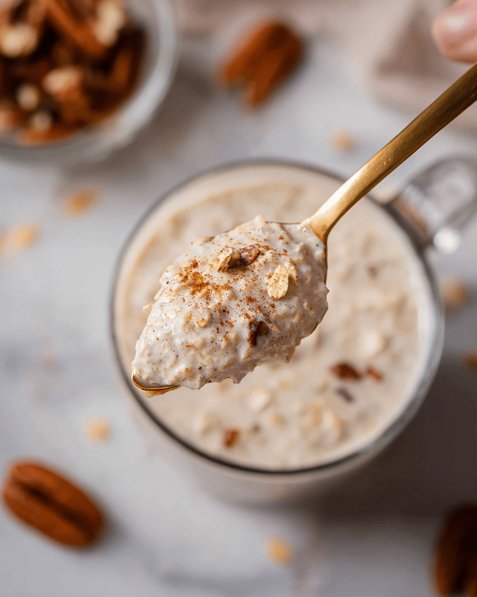 A close-up of a spoon filled with creamy oatmeal that is light beige with visible oats and small bits of brown nuts, sprinkled lightly with cinnamon on top; in the background, a clear glass mug with the same oatmeal is placed on a white marbled surface, with a few scattered pecans around. The spoon is held by a woman's hand with a golden handle, and the overall look is warm and cozy. photo taken with an iphone --ar 4:5 --v 7