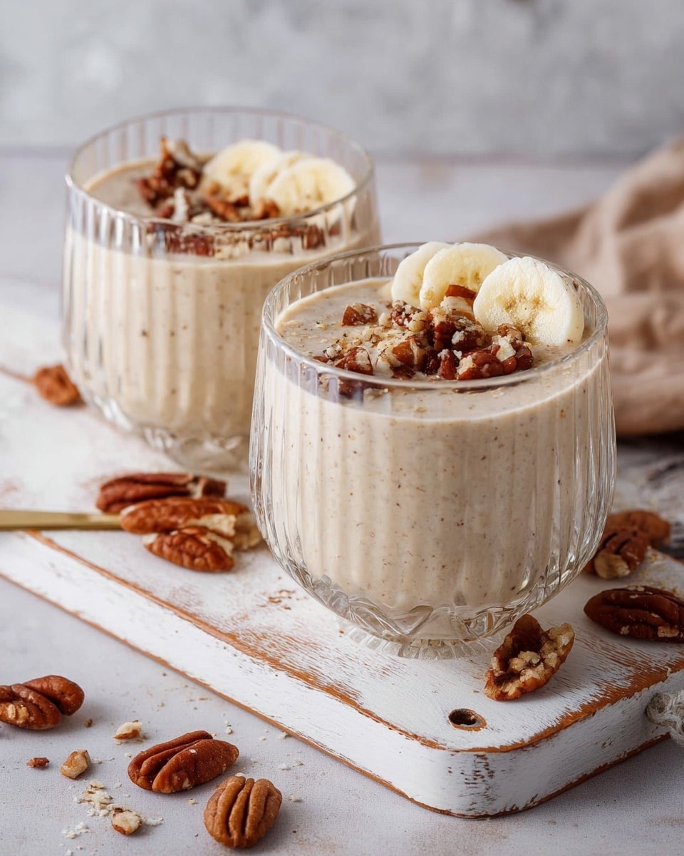 Two clear textured glass cups are filled with a creamy beige smoothie. Each cup has a topping of chopped brown pecans and three banana slices placed on top. The cups are placed closely on a white wooden board with visible rustic marks. Around the board, whole and broken pecans are scattered lightly. The background is a soft white marbled texture. photo taken with an iphone --ar 4:5 --v 7