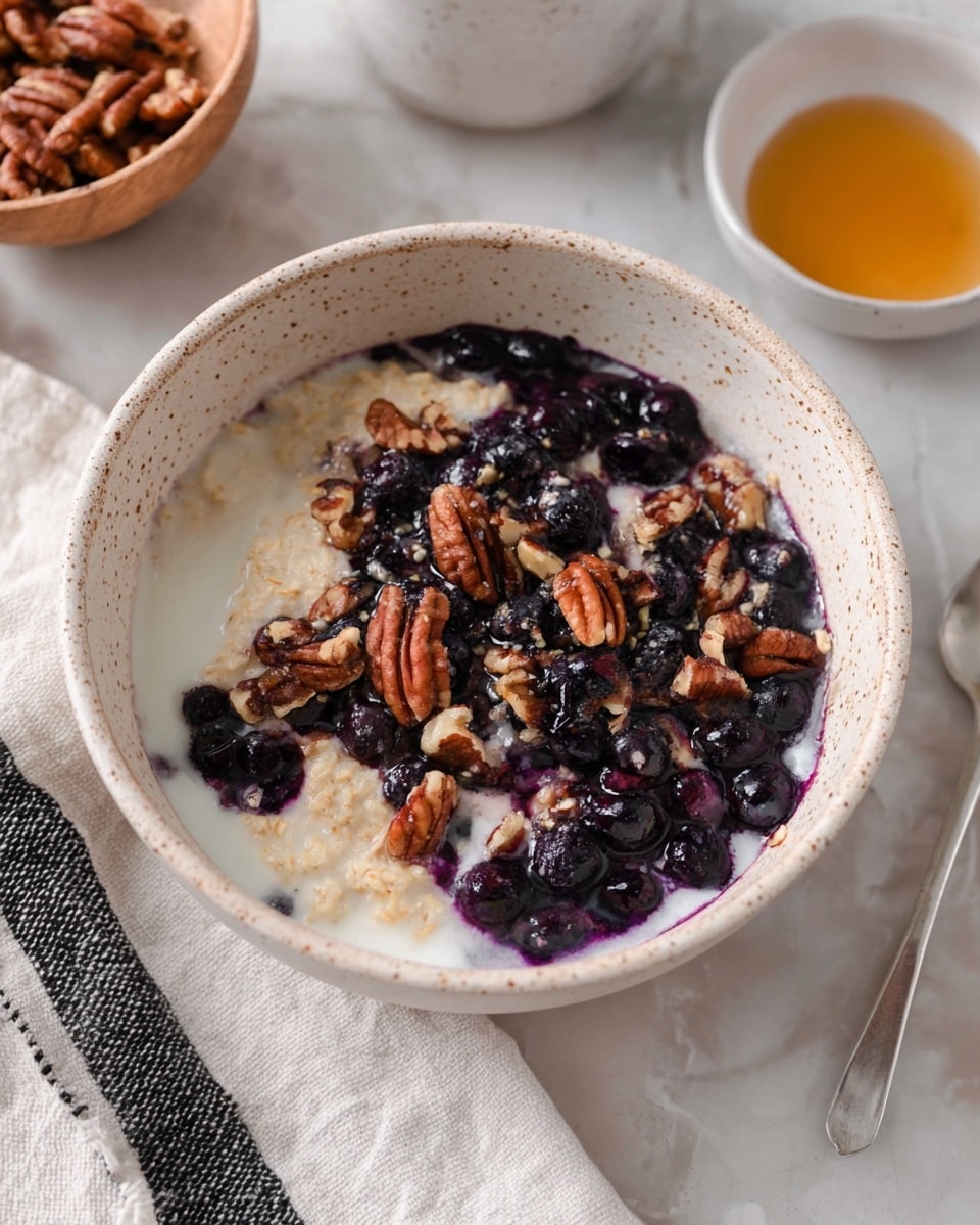A white speckled bowl holds a layered dish with two main sections: one side shows a light brown, creamy oatmeal texture partially soaked in white milk, while the other side is covered with dark purple blueberries mixed with white cream or milk and topped with crunchy brown pecan nuts scattered unevenly. The bowl is placed on a white marbled surface with a cloth napkin with black stripes in the bottom foreground, a small white bowl of golden syrup, and another small white bowl filled with pecans in the background. photo taken with an iphone --ar 4:5 --v 7