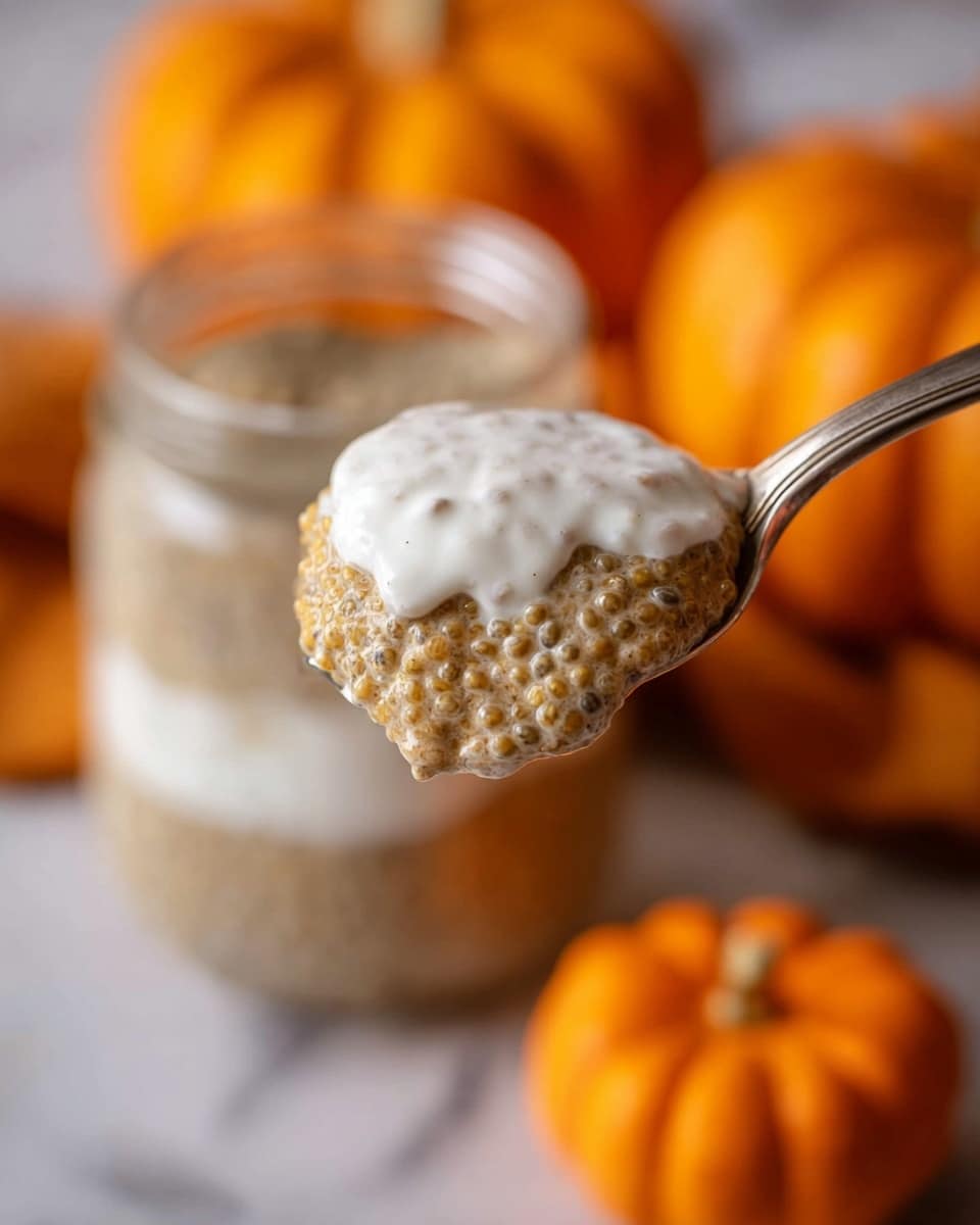 A close-up of a silver spoon holding two layers of a creamy dish; the bottom layer is light brown and thick with visible small chia seeds creating a bumpy texture, topped with a smooth white layer of cream. The spoon is held above a blurred white marbled surface with three small bright orange pumpkins in the background, adding a warm, autumn feel. The back shows a glass jar filled with the same brown chia mixture. Photo taken with an iphone --ar 4:5 --v 7