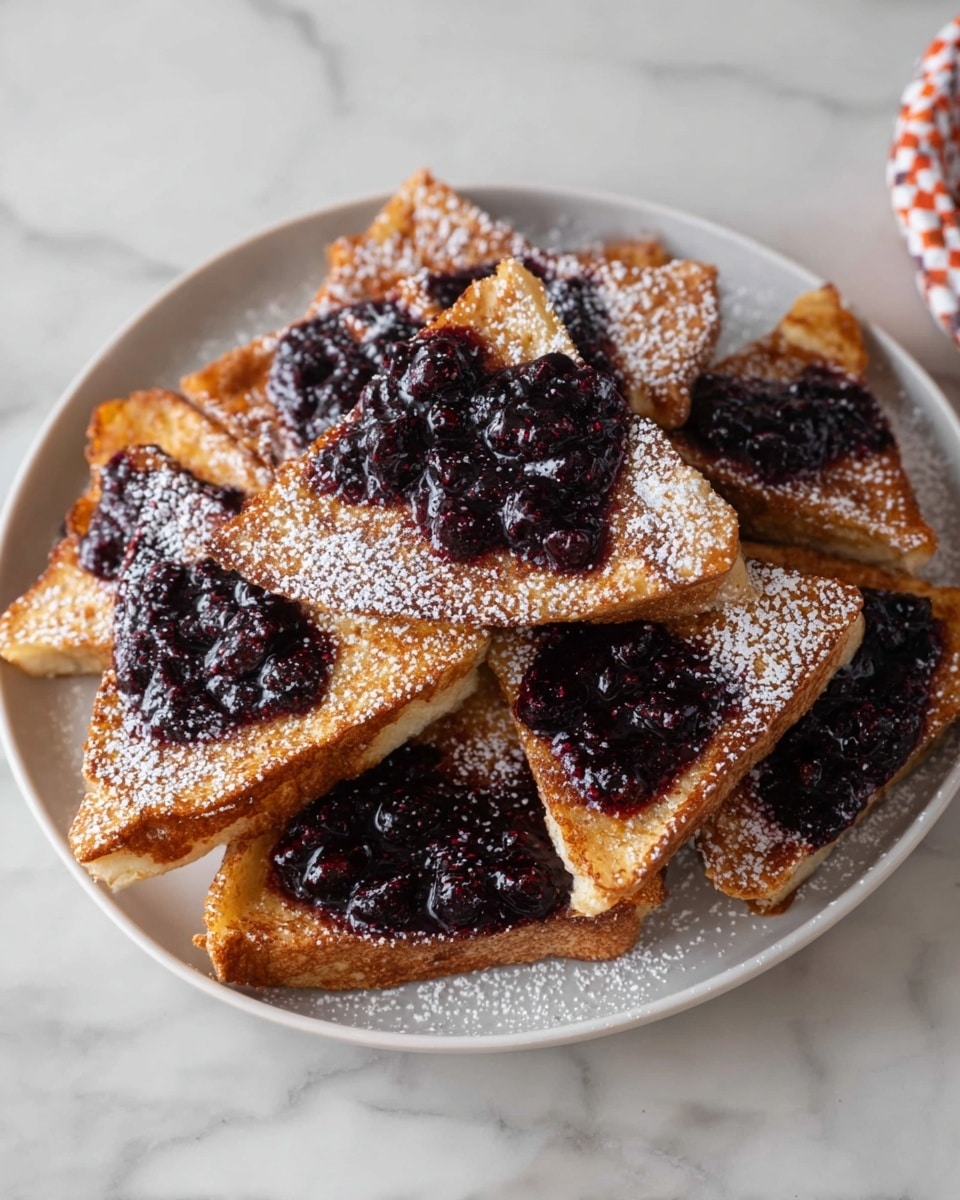A round white plate holds many pieces of golden brown French toast cut into triangles and squares, stacked in layers. Each piece is dusted with a light sprinkle of white powdered sugar. On top of the toast, there is a thick, dark purple berry compote spread unevenly, with visible whole berries and a glossy, chunky texture. The plate sits on a white marbled surface that adds a soft, clean background to the warm colors of the dish. photo taken with an iphone --ar 4:5 --v 7