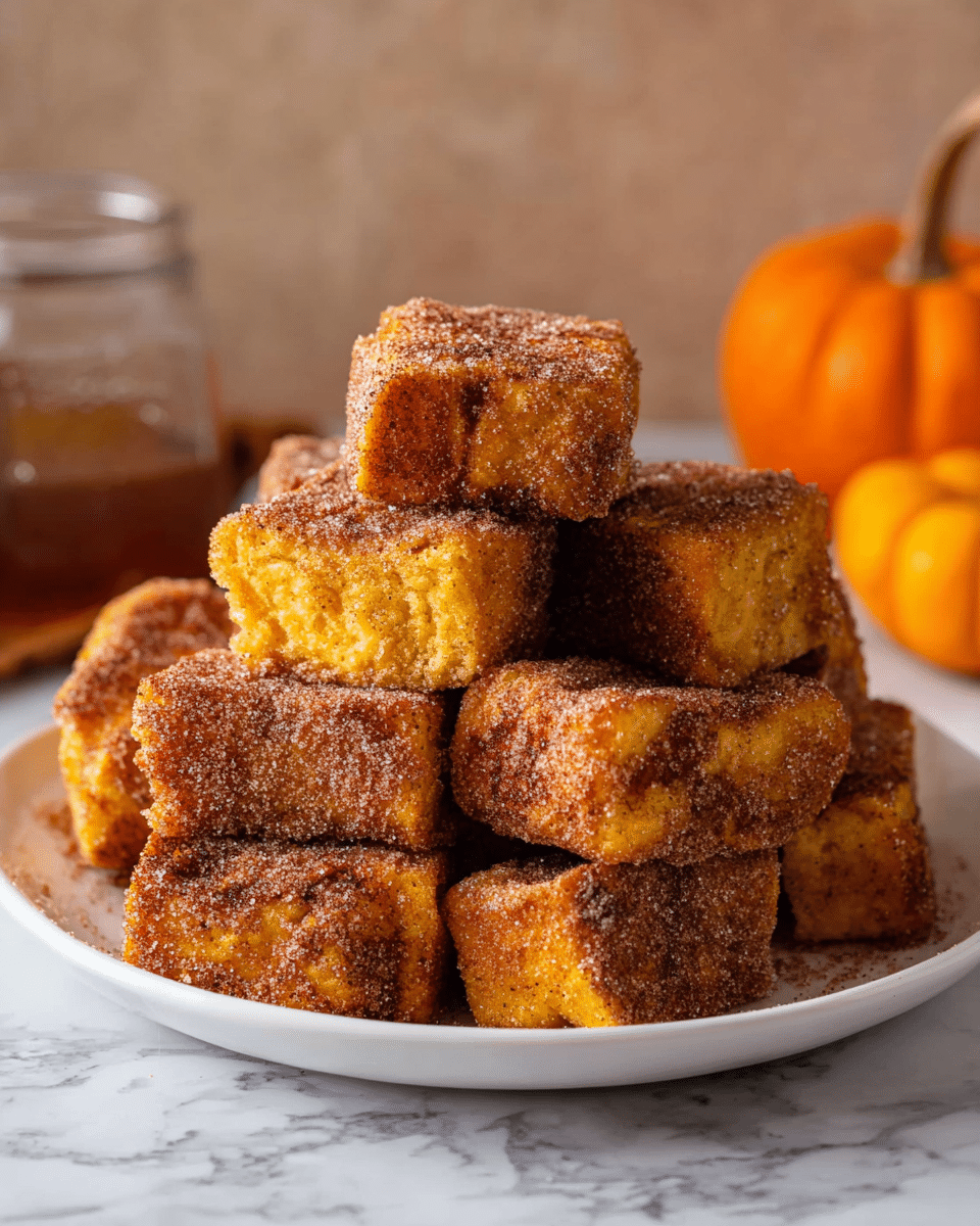 A white plate holds a stack of nine cinnamon sugar-coated bread pieces arranged in a pyramid shape. Each piece is a golden yellow color with a rough texture, thickly covered in a layer of cinnamon sugar that gives a slightly grainy brown surface. The pieces have crispy, slightly burnt edges that show darker brown tones. The plate with the bread is placed on a white marbled surface, with a small orange pumpkin and a glass jar softly blurred in the background. photo taken with an iphone --ar 4:5 --v 7