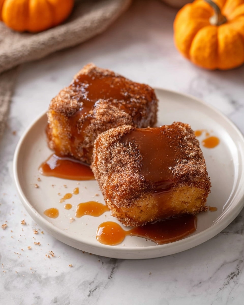 Two cinnamon sugar coated square cakes sit side by side on a simple white plate. Both cakes are richly covered with a thick, shiny caramel sauce drizzled unevenly across the golden brown, crunchy sugar crust. The cakes appear soft and moist beneath the sugar topping, with a warm brown interior visible around the edges. The plate rests on a surface with a white marbled texture, and around the plate, there are small droplets of caramel sauce. The setting has a cozy autumn feel with two small orange pumpkins in the background. photo taken with an iphone --ar 4:5 --v 7