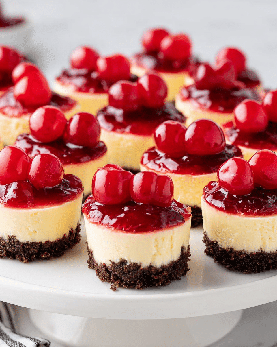 The image shows a white cake stand filled with mini cheesecakes, each having three clear layers: a dark crumbly base, a thick pale yellow creamy middle layer, and a glossy bright red cherry topping with whole cherries sitting on top. The cheesecakes are neatly arranged in rows, showing their creamy texture and shiny fruit glaze under soft lighting, all set against a white marbled surface. photo taken with an iphone --ar 4:5 --v 7