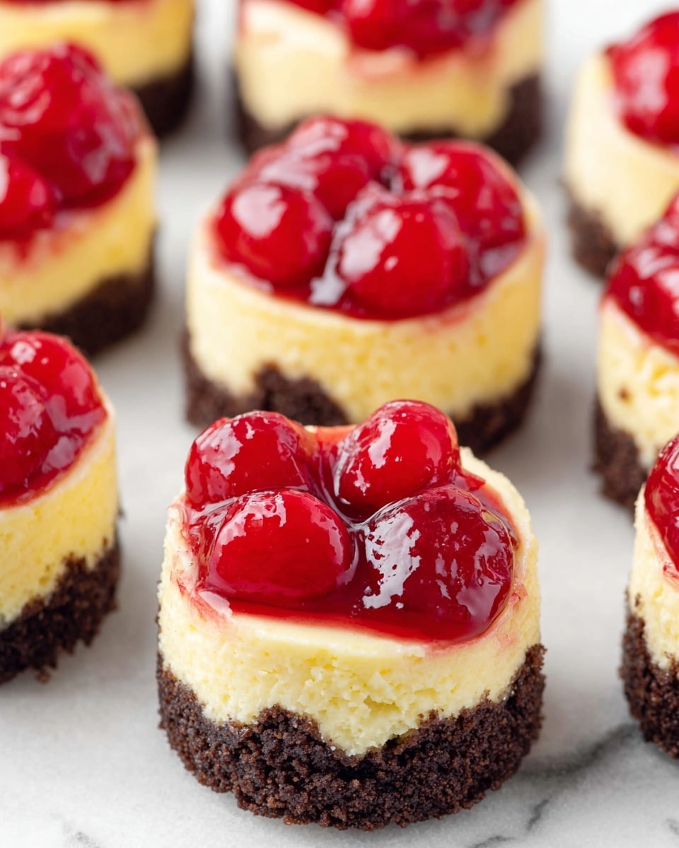 The image shows several small round cheesecakes arranged on a white marbled surface. Each cheesecake has three layers: a bottom dark brown crumb crust, a thick middle layer of creamy pale yellow cheesecake, and a glossy bright red cherry topping with whole cherries visible on top. The texture of the crumb crust looks crumbly and firm, while the cheesecake layer appears smooth and dense. The red cherry topping looks shiny and slightly thick, forming rounded shapes over the cheesecake layer. The cheesecakes are close to each other, some slightly blurred in the background, creating a soft depth effect. Photo taken with an iphone --ar 4:5 --v 7