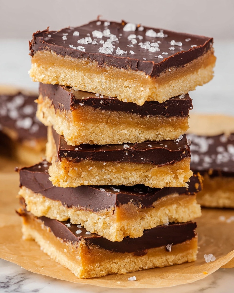 A stack of five thick layers of shortbread bars topped with a smooth, glossy dark chocolate layer sprinkled with coarse sea salt crystals. Each shortbread layer is golden brown with a crumbly texture, while the dark chocolate layer is dark and rich, slightly uneven on the edges. The bars show clear separation between the golden bottom layer and the dark chocolate top, giving a rich contrast. The stack is placed on a light brown parchment paper that rests on a white marbled surface with slight reflections. Photo taken with an iphone --ar 4:5 --v 7