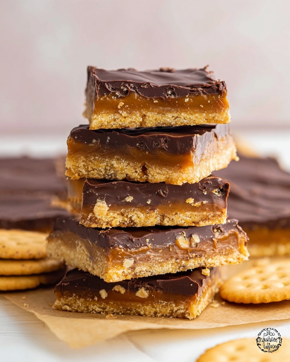 A close-up stacked view of six square dessert bars, each with two distinct layers: a bottom golden-brown crunchy base and a thick, smooth, dark chocolate topping. The chocolate layer on top has a glossy, slightly wavy texture with small uneven spots, while the base looks crumbly with visible crunchy bits inside. The stack is set on a piece of light brown parchment paper against a soft white marbled background, with parts of round crackers visible at the edges. photo taken with an iphone --ar 4:5 --v 7