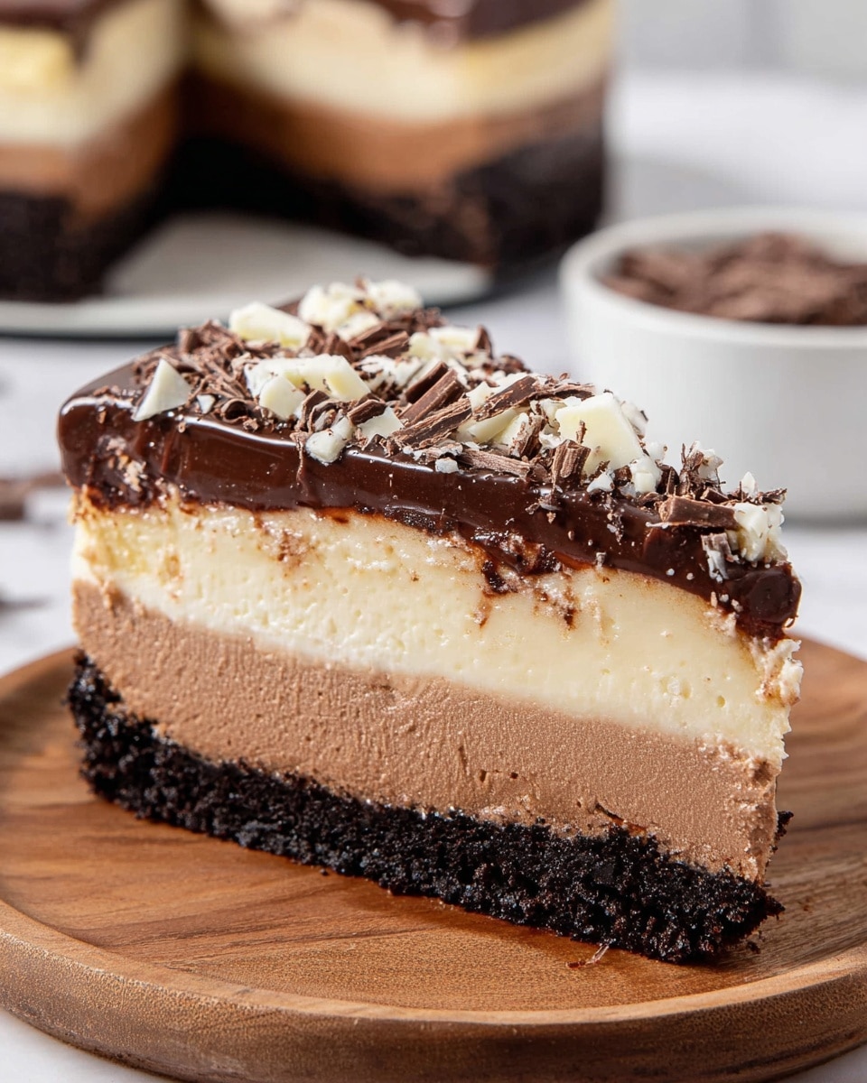 A close-up of a slice of cheesecake with four distinct layers visible, sitting on a wooden surface. The bottom layer is a dark, crumbly crust, almost black in color. Above this is a thick layer of smooth, milk chocolate mousse in light brown. The third layer is a creamy, pale vanilla cheesecake. On top is a shiny, dark chocolate ganache layer covered with shavings of white and dark chocolate scattered unevenly. The background is a white marbled texture, and in the blurred background, part of the whole cake and a white bowl with dark sprinkles are visible. photo taken with an iphone --ar 4:5 --v 7