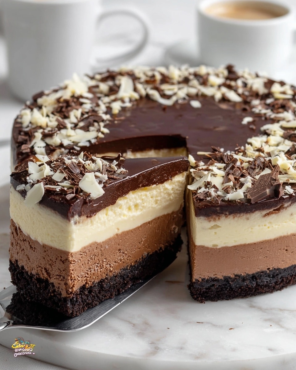 A round dessert with four visible layers on a white marbled surface; the bottom layer is a dark, crumbly chocolate crust, above it is a thick, smooth dark chocolate mousse layer, then a thick creamy vanilla layer, and on top is a glossy dark chocolate glaze covered with scattered white and dark chocolate shavings. A slice is being lifted with a metal spatula, showing the layers clearly, and in the background there is a white cup. Photo taken with an iphone --ar 4:5 --v 7