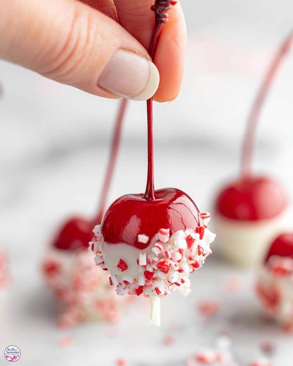 A close-up image of a shiny red cherry held by a woman's hand pinching its long stem, with the lower half of the cherry coated in smooth white chocolate and covered in crushed white and red peppermint bits, creating a textured, crunchy look. More cherries with the same coating are seen blurred in the background, resting on a white marbled surface. The photo is bright and clean with soft lighting. photo taken with an iphone --ar 4:5 --v 7