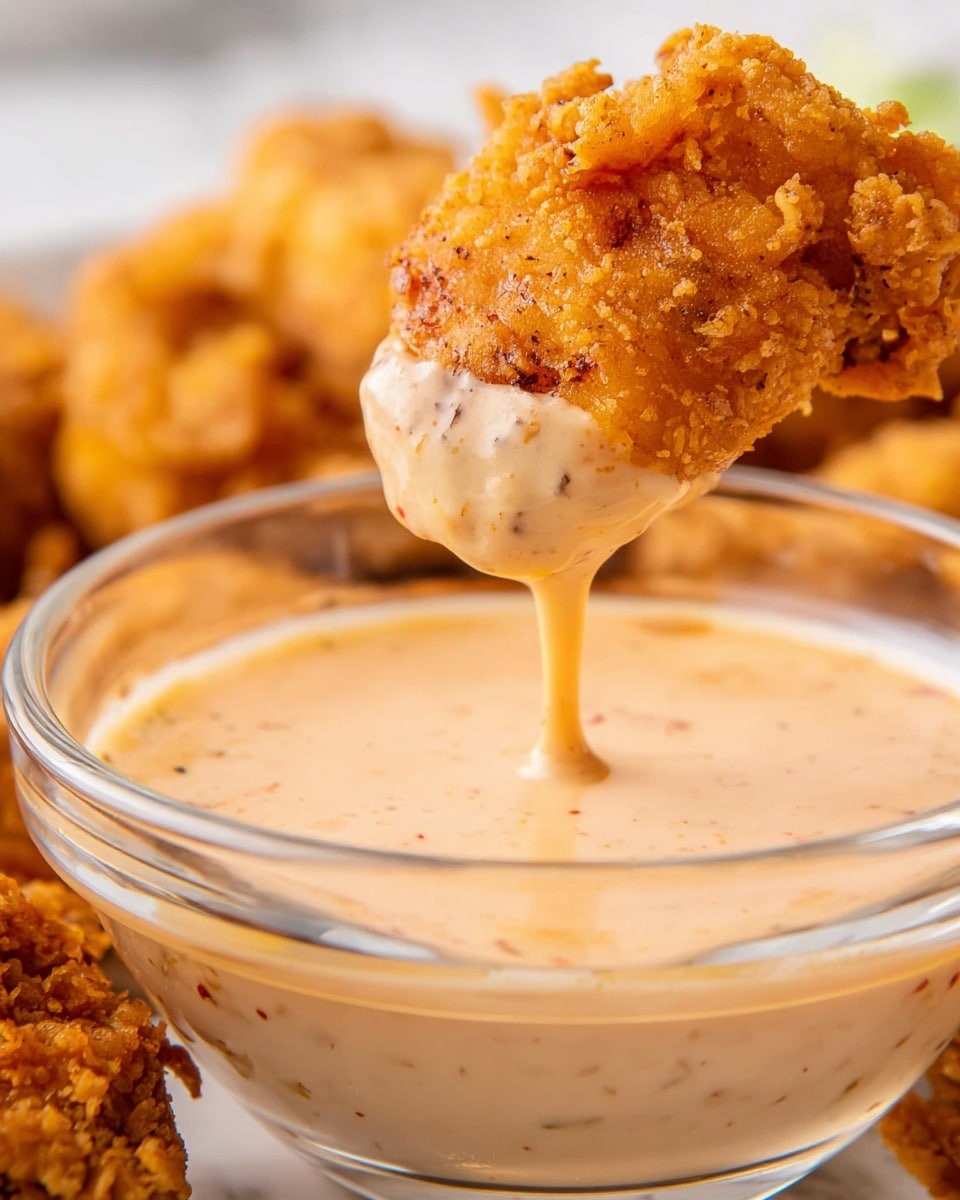 A close-up of a golden-brown, crispy fried chicken piece being dipped into a creamy, light orange sauce with visible spices in a clear glass bowl. The fried chicken has a rough, crunchy texture with some darker fried spots. The bowl is placed on a white marbled surface, and in the blurry background, there are more pieces of fried chicken creating a warm, inviting atmosphere. photo taken with an iphone --ar 4:5 --v 7
