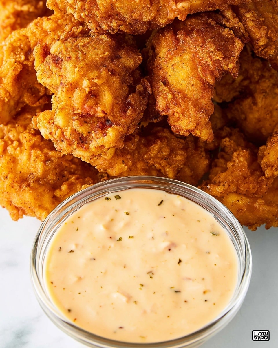 A close-up view of crispy golden-brown fried chicken pieces with a rough, crunchy texture on the outer layer, stacked and filling the top and left side of the image. Below the chicken, there is a clear glass bowl filled with creamy beige dipping sauce speckled with tiny herbs and spices, showing a smooth and slightly thick texture. The items are placed on a white marbled surface, creating a clean and bright background. photo taken with an iphone --ar 4:5 --v 7