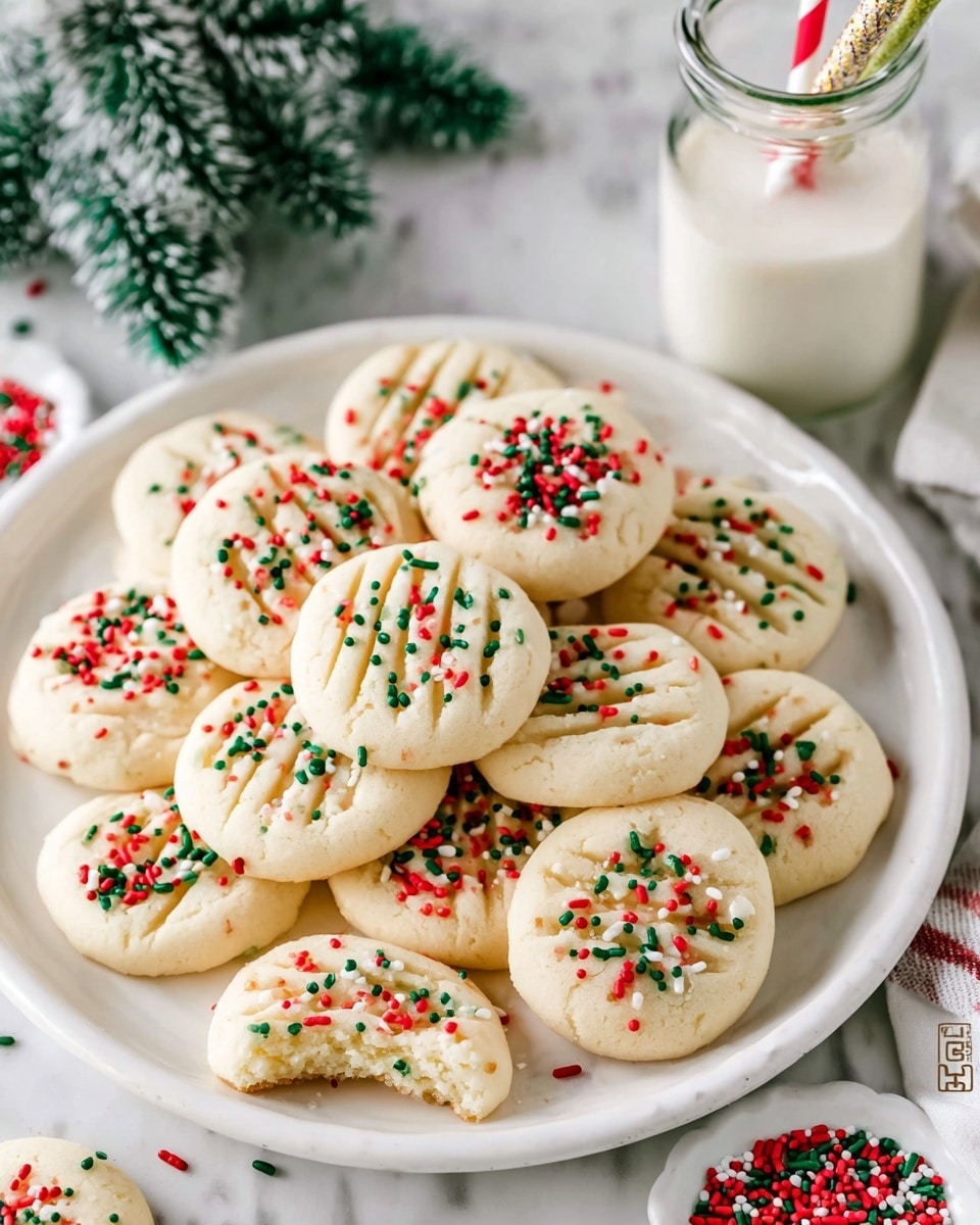 A white plate filled with about twenty round, soft sugar cookies topped with red, green, and white sprinkles. Each cookie has three shallow fork marks across the top surface, showing a light beige color with a slightly soft texture. One cookie in the front center is broken in half, revealing a soft crumb inside. In the background, there is a glass bottle of milk with three straws in different colors and patterns, set on a white marbled texture. Some green pine needles with a light dusting of white are visible in the upper left corner, and extra red, green, and white sprinkles are scattered around the plate. photo taken with an iphone --ar 4:5 --v 7