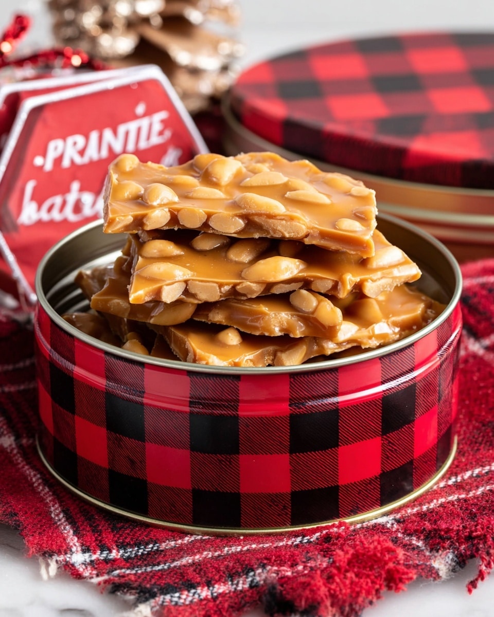A round tin with red and black checkered pattern is filled with golden peanut brittle pieces stacked in layers, each piece showing uneven nut pieces embedded in the shiny, smooth caramel surface. The tin sits on a red plaid cloth over a white marbled texture, and there are holiday-themed gift tags to the side. The scene is bright and cozy, focusing on the brittles' crunchy texture and warm color. Photo taken with an iphone --ar 4:5 --v 7
