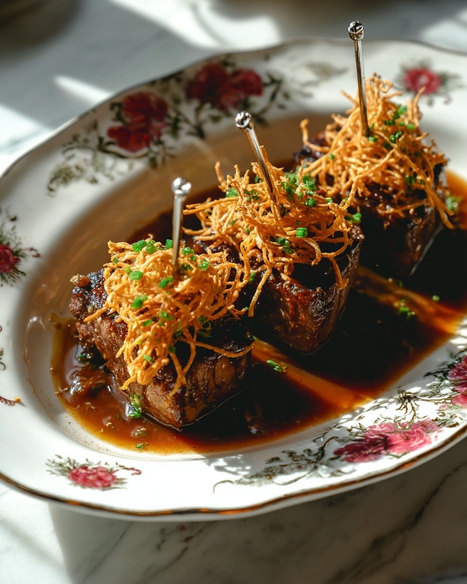 The dish shows three thick pieces of grilled meat, each pierced by a small metal skewer running through the center, resting in a rich brown sauce that covers the base of the white plate with floral patterns. Each meat piece has a dark, caramelized crust and is topped with a nest of thin, crispy golden fried strips, sprinkled with small green herbs for color contrast. The plate is set on a white marbled surface, and soft sunlight highlights the textures and colors of the dish, creating a warm and appetizing look. Photo taken with an iphone --ar 4:5 --v 7