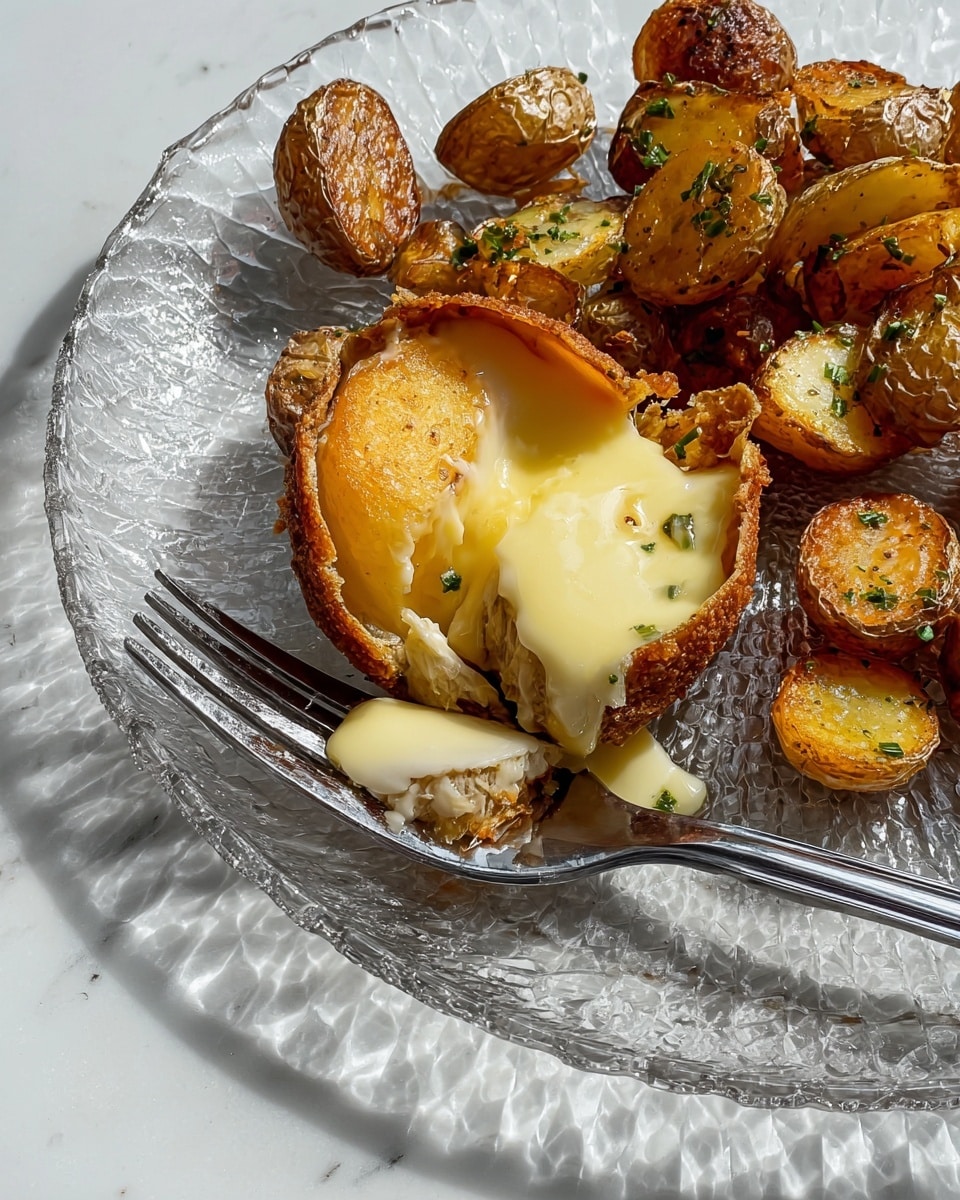 A clear textured glass plate is placed on a white marbled surface, holding a crispy golden-brown deep-fried round shell filled with smooth, glossy pale yellow melted cheese inside, broken open to reveal the creamy cheese layer. Inside the shell, a roasted golden-brown potato piece is covered in thick creamy cheese sauce, shown pierced by a silver fork. Around the shell, there are many small, crispy, roasted potatoes with golden brown skins, sprinkled with small fresh green herb pieces. The lighting highlights the shiny and textured surface of the plate and the golden colors of the food. Photo taken with an iphone --ar 4:5 --v 7