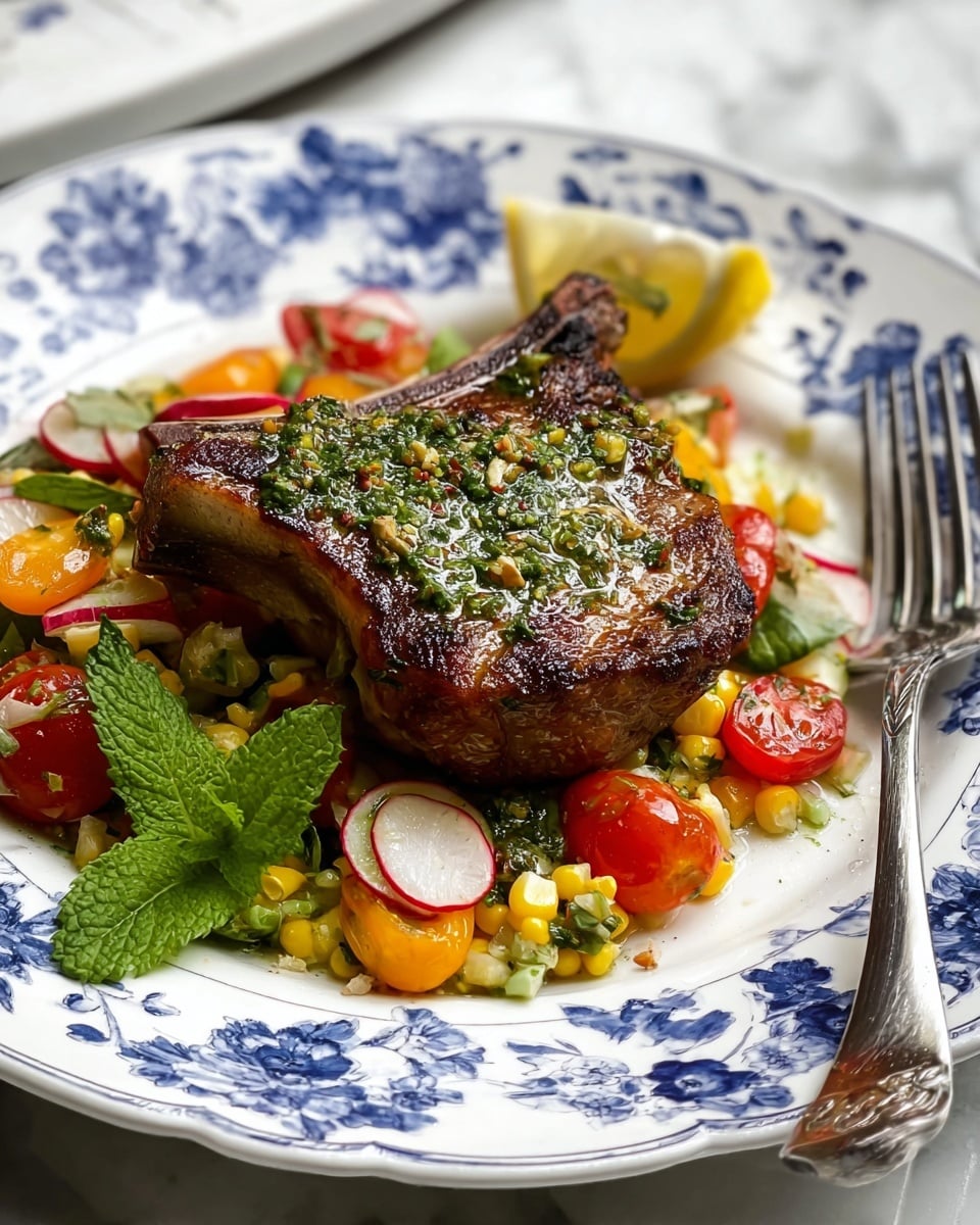A white plate with blue floral patterns holds a beautifully seared lamb chop with a rich brown crust and green herb sauce spread on top, resting on a colorful bed of mixed salad made of bright yellow corn, red and orange cherry tomato halves, thinly sliced radish, fresh green herbs, and small pieces of onion with a glossy texture. A lemon wedge and sprigs of fresh mint sit beside the lamb chop. A silver fork is placed on the right side of the plate. The background features a white marbled surface, softly blurred. photo taken with an iphone --ar 4:5 --v 7