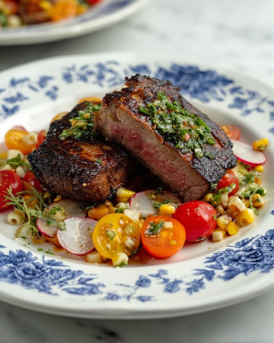 The dish shows two thick slices of grilled steak, one piece cut to reveal a pink, juicy inside with a crispy, dark brown outer crust, topped with a bit of green herb sauce. The steak sits on a bed of colorful salad made of halved red and yellow cherry tomatoes, sliced radishes, corn kernels, chopped herbs, and small pasta, all mixed together with a light dressing. The food is served on a white plate with blue floral patterns, placed on a white marbled surface. Photo taken with an iphone --ar 4:5 --v 7