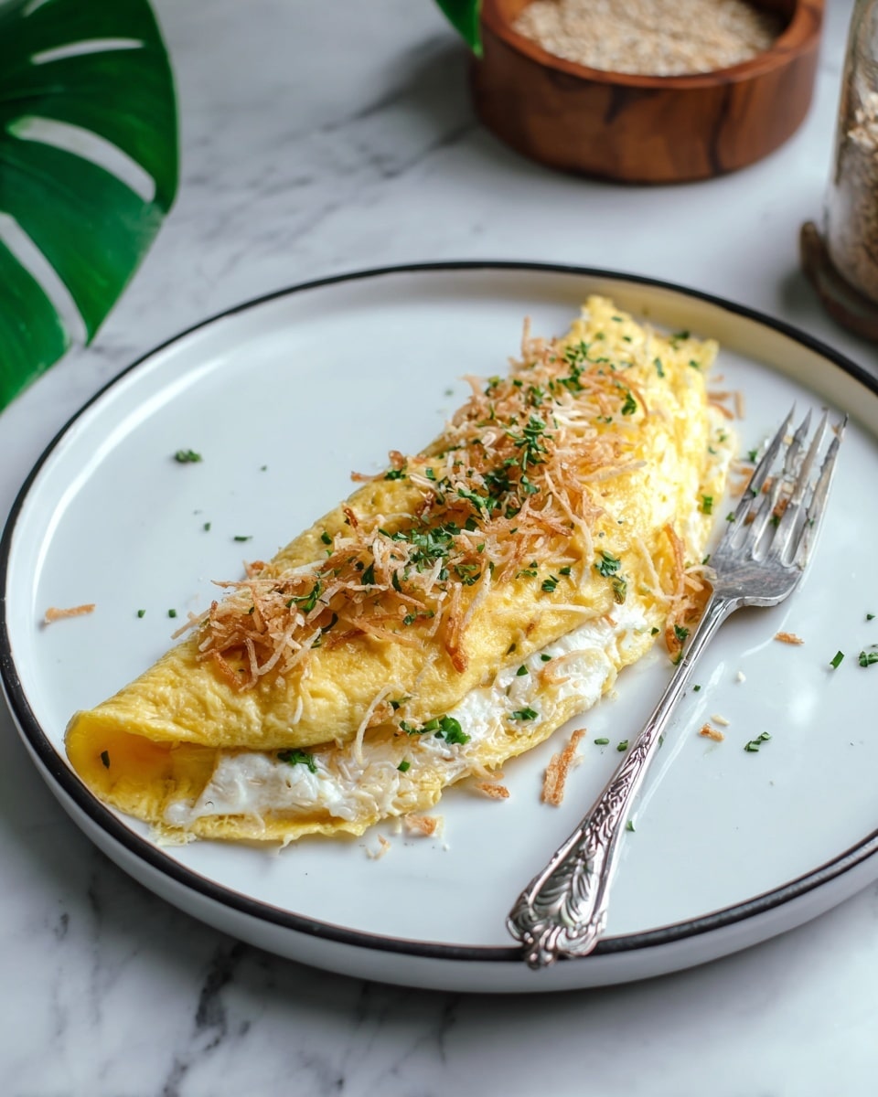 A long, yellow omelette folded over a creamy white filling sits on a white plate with a thin black rim. The top of the omelette is sprinkled with light tan crispy bits and finely chopped green herbs, adding texture and color contrast. A silver fork with an ornate handle rests on the right side of the plate. The dish is placed on a white marbled surface with green leaves and a wooden container with grains blurred in the background. photo taken with an iphone --ar 4:5 --v 7