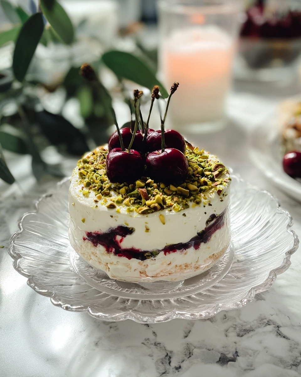 A small layered dessert sits on a clear glass plate with a scalloped edge, placed on a white marbled surface. The dessert has three visible layers: the bottom and middle are white creamy textures with the middle layer containing a hint of dark red, possibly berry filling. The top layer is a thicker creamy white spread covered with crushed green pistachios, crowned with shiny dark red cherries with long stems standing upright in the center. In the background, there is a blurred white candle and green leaves adding to the gentle, natural setting. Photo taken with an iphone --ar 4:5 --v 7