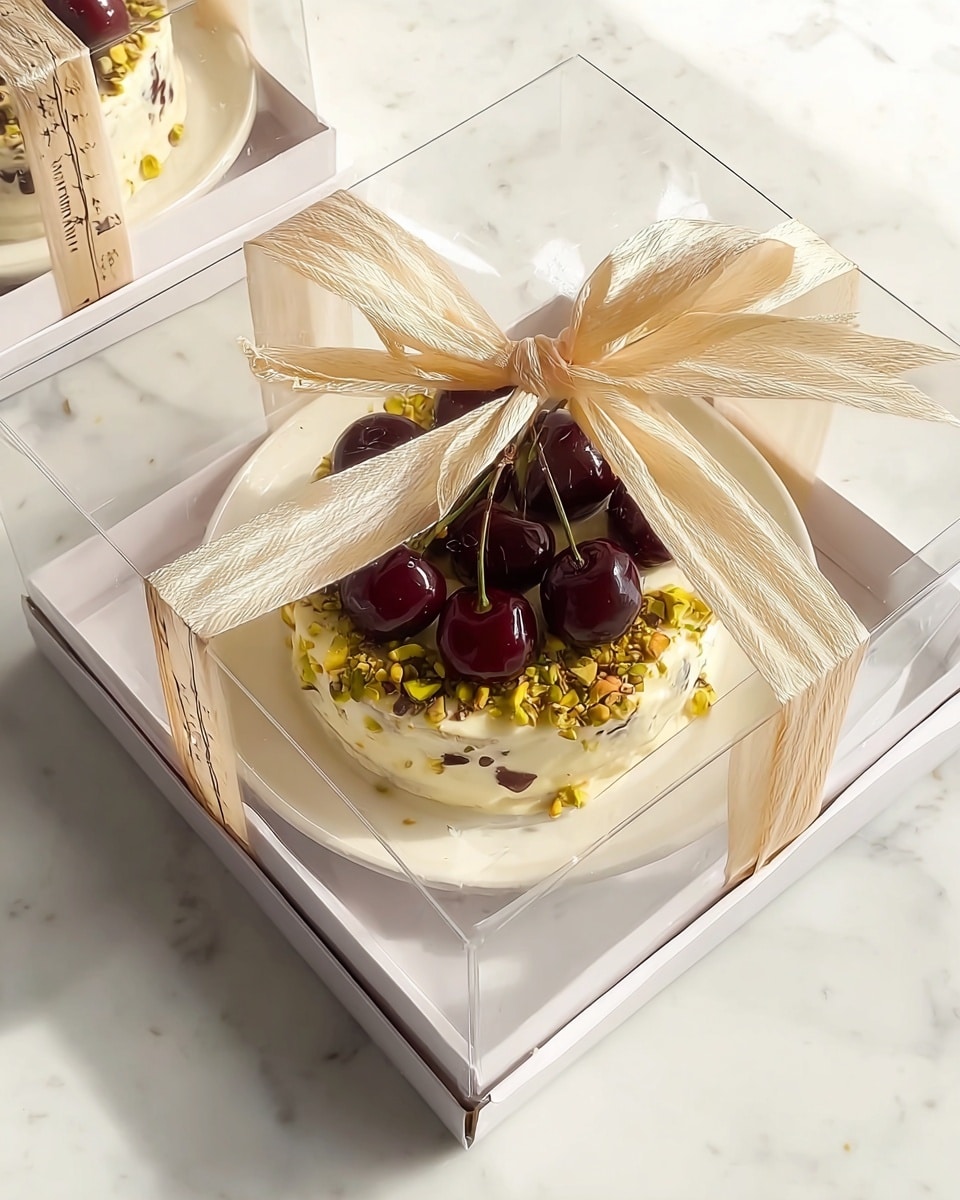 A small round cake sits on a white plate inside a clear box with a cream-colored ribbon tied in a bow around it. The cake has one visible layer covered in white frosting, topped with dark red cherries with stems and sprinkled with crushed green pistachios around the edge. The box and plate are placed on a white marbled surface. Photo taken with an iphone --ar 4:5 --v 7