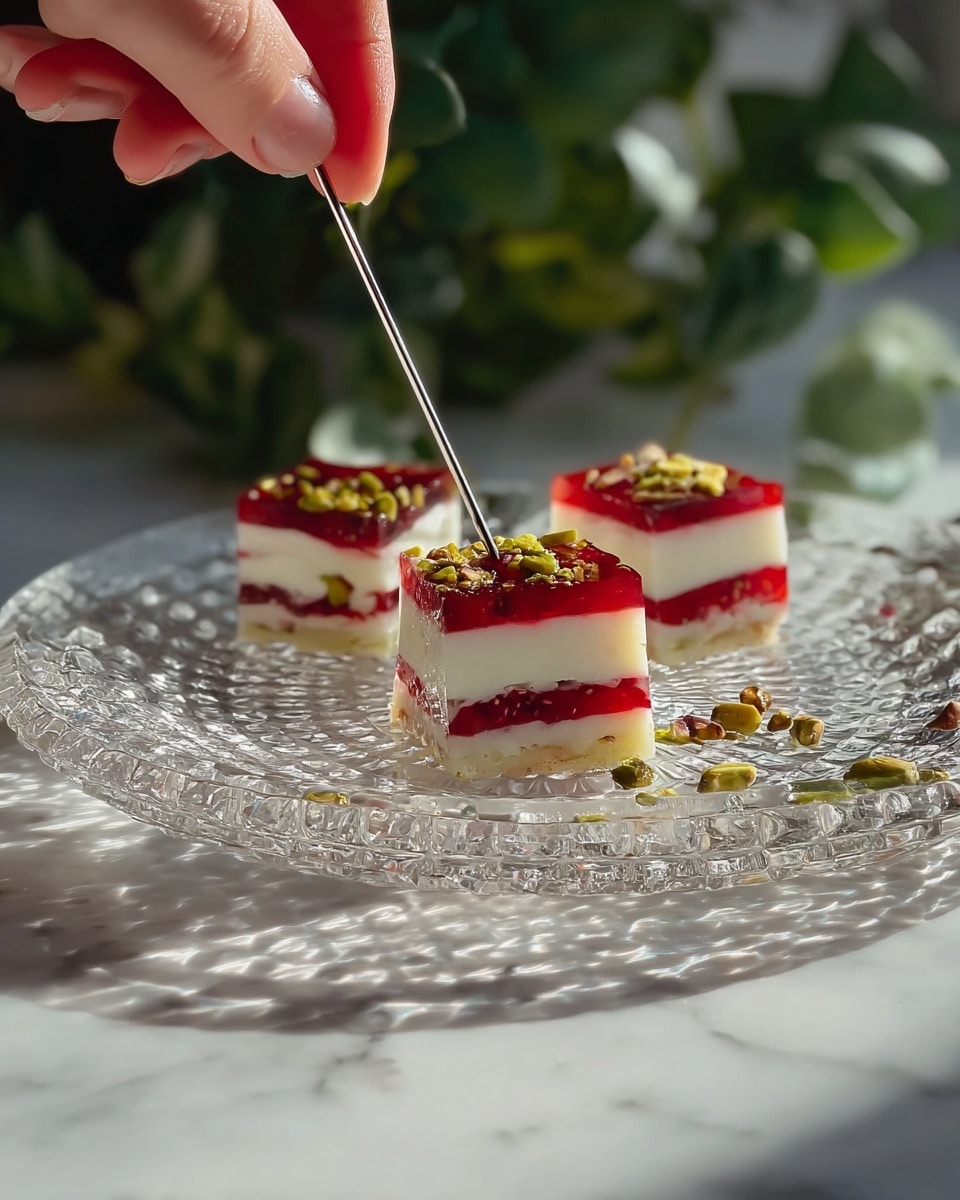 A clear glass plate with a textured pattern holds three small square desserts, each with four visible layers: two white creamy layers alternating with two bright red jelly layers. The top red jelly layer is sprinkled with chopped green pistachios. A woman's hand is holding a silver skewer that pierces through one of the dessert pieces. The scene is set on a white marbled surface with green plants blurred in the background. Soft natural light highlights the glossy texture of the jelly and the smooth creamy layers. photo taken with an iphone --ar 4:5 --v 7