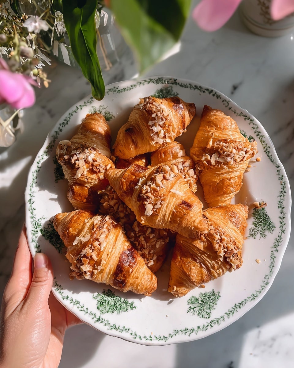 The image shows a white plate with green floral patterns, filled with seven golden brown croissants topped with chopped nuts giving a crunchy texture on top. The croissants have flaky, layered, and slightly shiny surfaces, with some darker toasted spots. A woman's hand gently holds the plate from the sides against a white marbled background, with soft natural light casting shadows and making the croissants look warm and fresh. There are also some green leaves and pink flowers partially visible at the edges, adding a fresh, natural feel. photo taken with an iphone --ar 4:5 --v 7