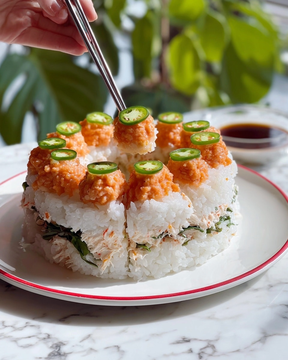 The dish is a sushi cake shaped like a ring with three clear layers: the bottom and top layers are white sushi rice sprinkled with seasoning, and the middle layer is a mix of crab meat and green vegetables. On top of the sushi rice, there are eight dollops of orange spicy salmon mix evenly placed, each topped with a slice of green jalapeño being held by a woman's hand using tweezers. The sushi sits on a white plate with two red rings around the edge, placed on a white marbled surface. In the background, there are blurred green plants and a small bowl of soy sauce. Photo taken with an iphone --ar 4:5 --v 7