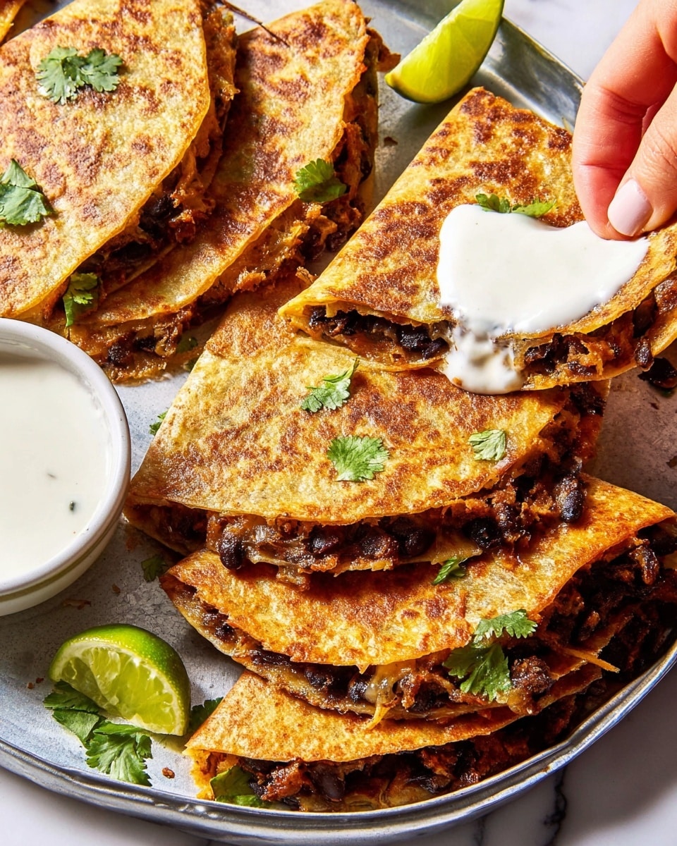 The image shows several golden brown quesadillas stacked on a metal tray with crispy edges and black bean filling peeking out between the two thin tortilla layers. Small green cilantro leaves are scattered on top for garnish. On the side, there is a small white bowl filled with creamy white sauce, and a woman's hand is dipping a quarter of a quesadilla into the sauce. A wedge of lime rests at the corner of the tray. The background is a white marbled surface. photo taken with an iphone --ar 4:5 --v 7